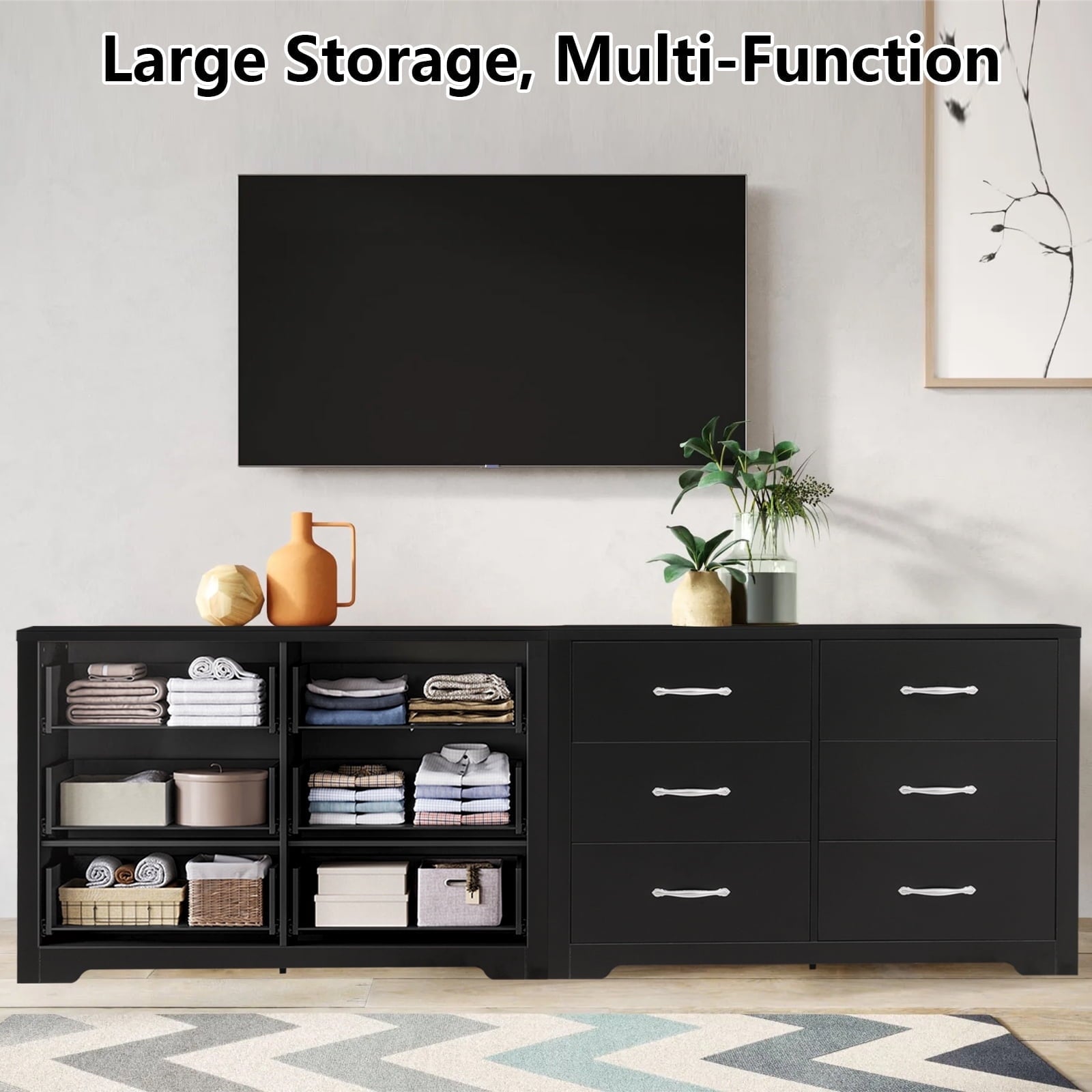 Fenbeli 6 Drawer Dresser, Black Finish