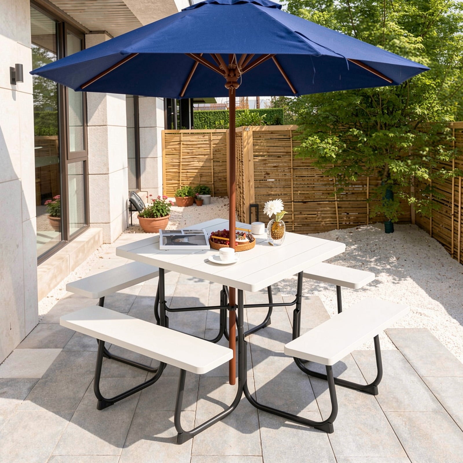 Fenbeli 8-Person Square Picnic Table and Bench Set with Umbrella Hole, HDPE Outdoor