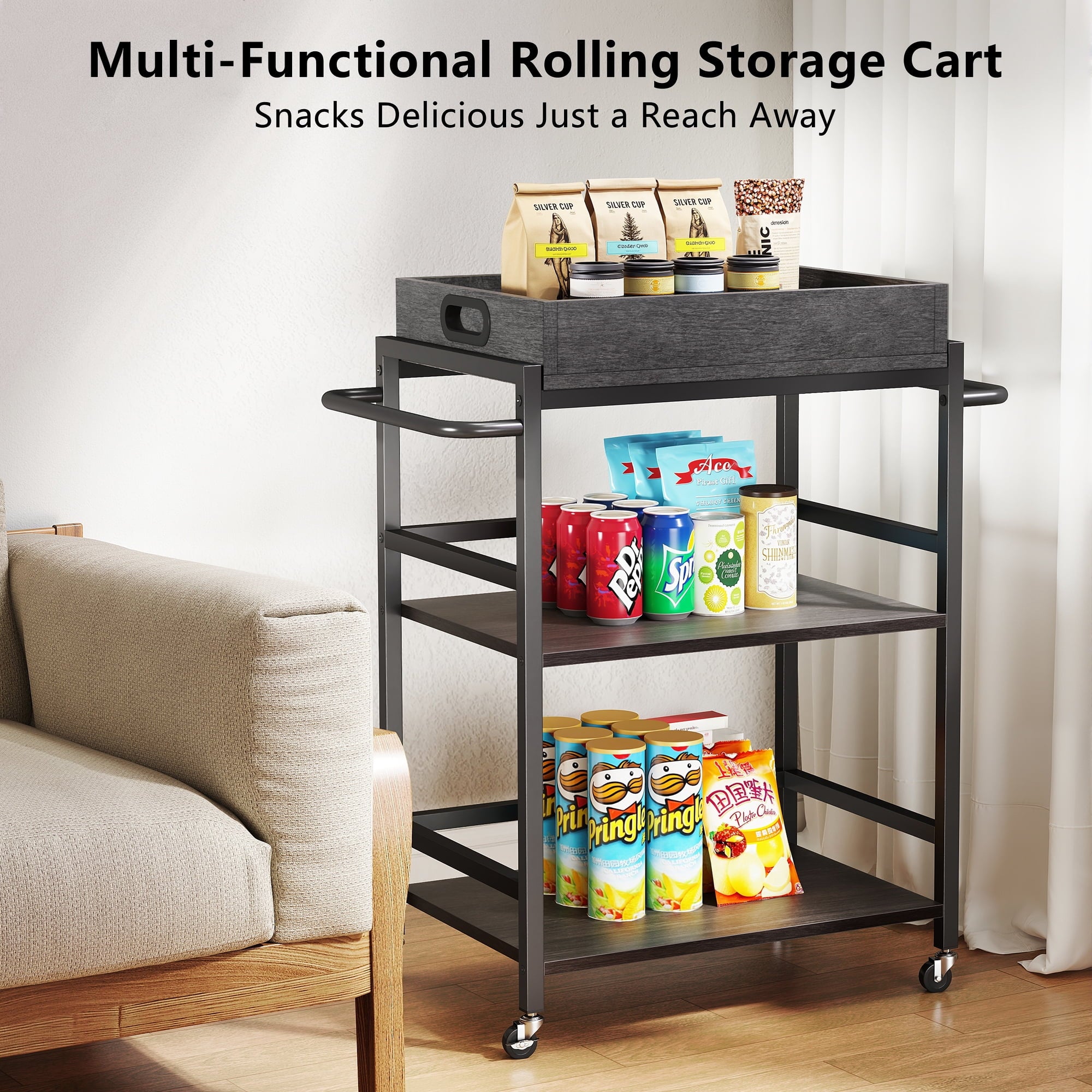 Fenbeli 3-Tier Rolling Kitchen Cart with Removable Wooden Storage Box and Wheels, Gray, 21.9L x 15.8W x 36.2H