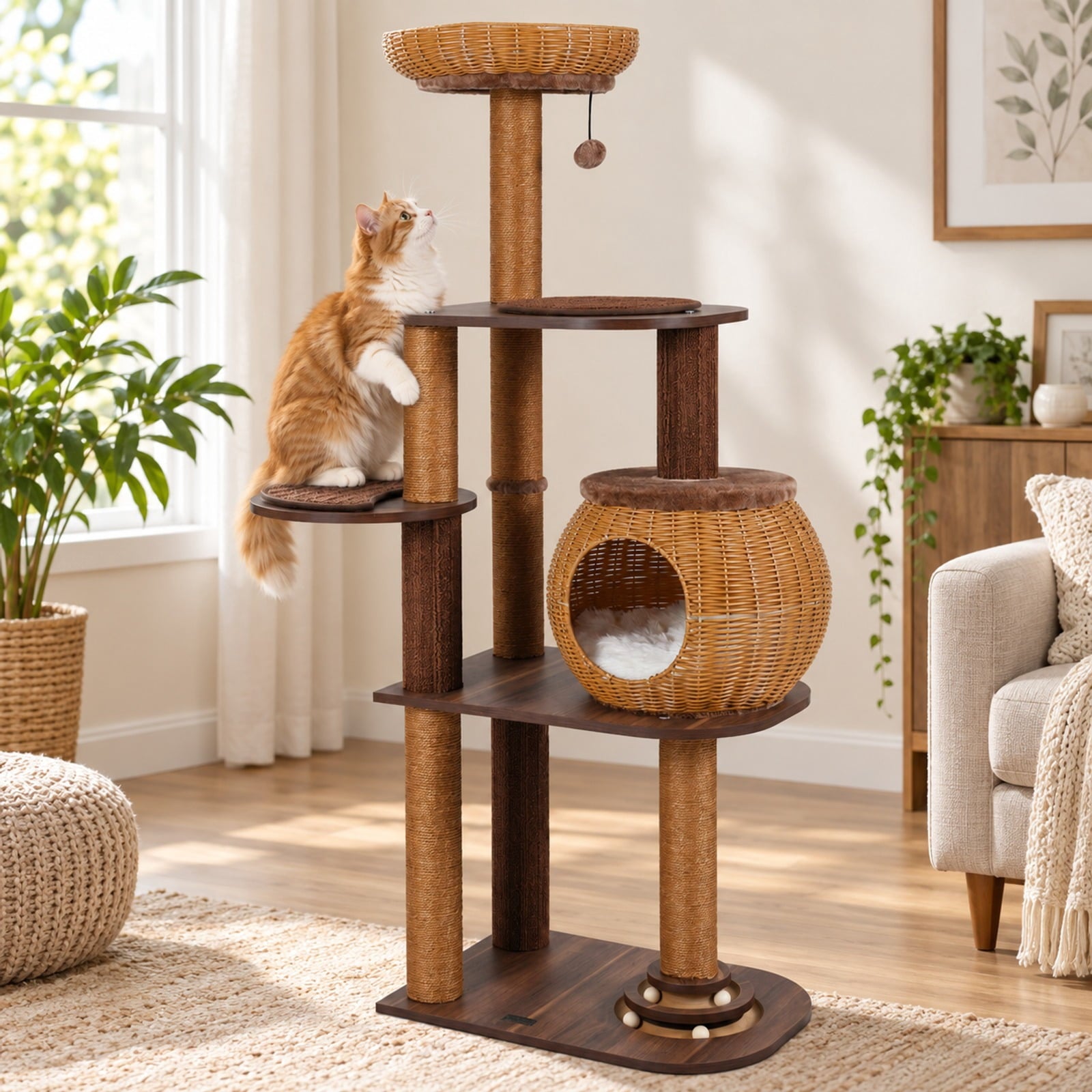 Fenbeli 59.5 Inch Cat Tree Multi-Level Cat Tower with PE Rattan Cat Condo and Top Perch, Platform 44 lbs Capacity, 23 x 16 x 59.5 Footprint