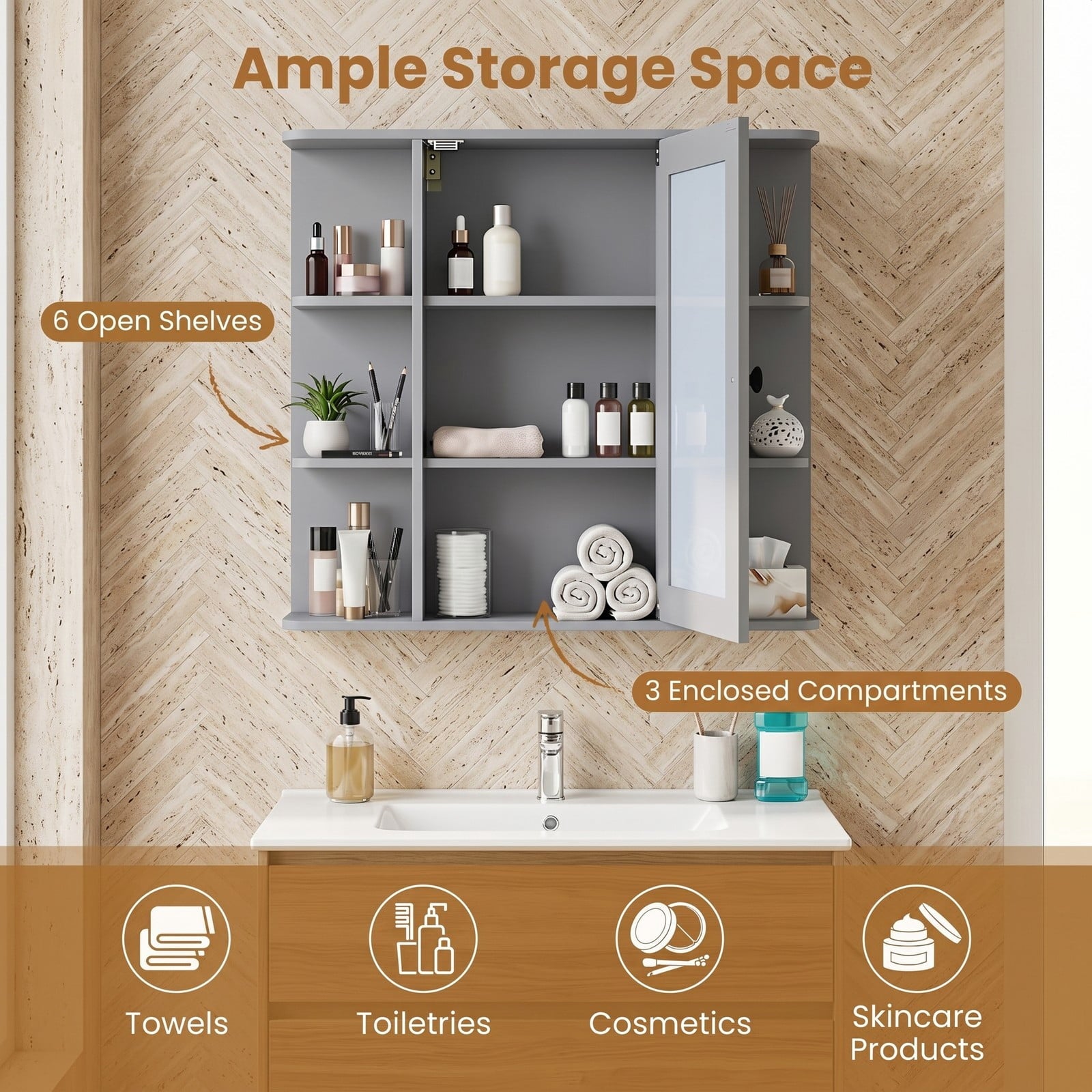 Fenbeli Wall Mounted Bathroom Medicine Cabinet with Mirror and Open Shelves, Wood Storage Organizer with Mirrored Door and Adjustable Compartments for Bathroom, Gray