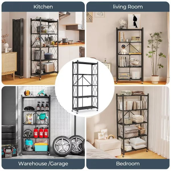 Fenbeli 5-Tier Heavy-Duty Foldable Storage Shelf with Lockable Wheels (750 lbs Capacity) - No Assembly Metal Organizer Rack for Home/Garage/Office, Black