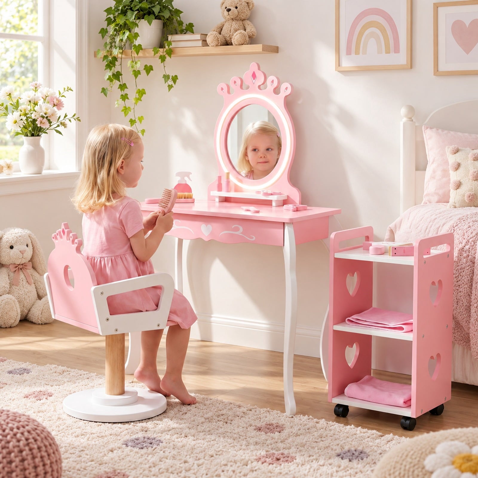 Fenbeli Kids Hair Salon Play Set with LED Lighted Mirror Wooden Pretend Hair Salon Station with Swivel Barber Chair, 66 lbs Capacity, Pink