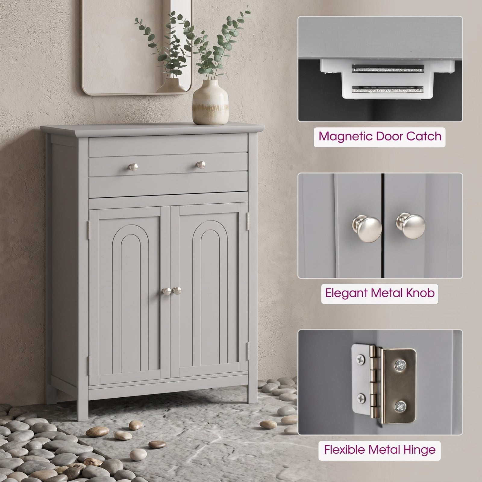 Fenbeli Wooden Bathroom Floor Cabinet, Free Standing 2-Door Storage Cabinet with Drawer and Adjustable Shelf, Waterproof MDF Side Organizer for Bathroom Living, Gray