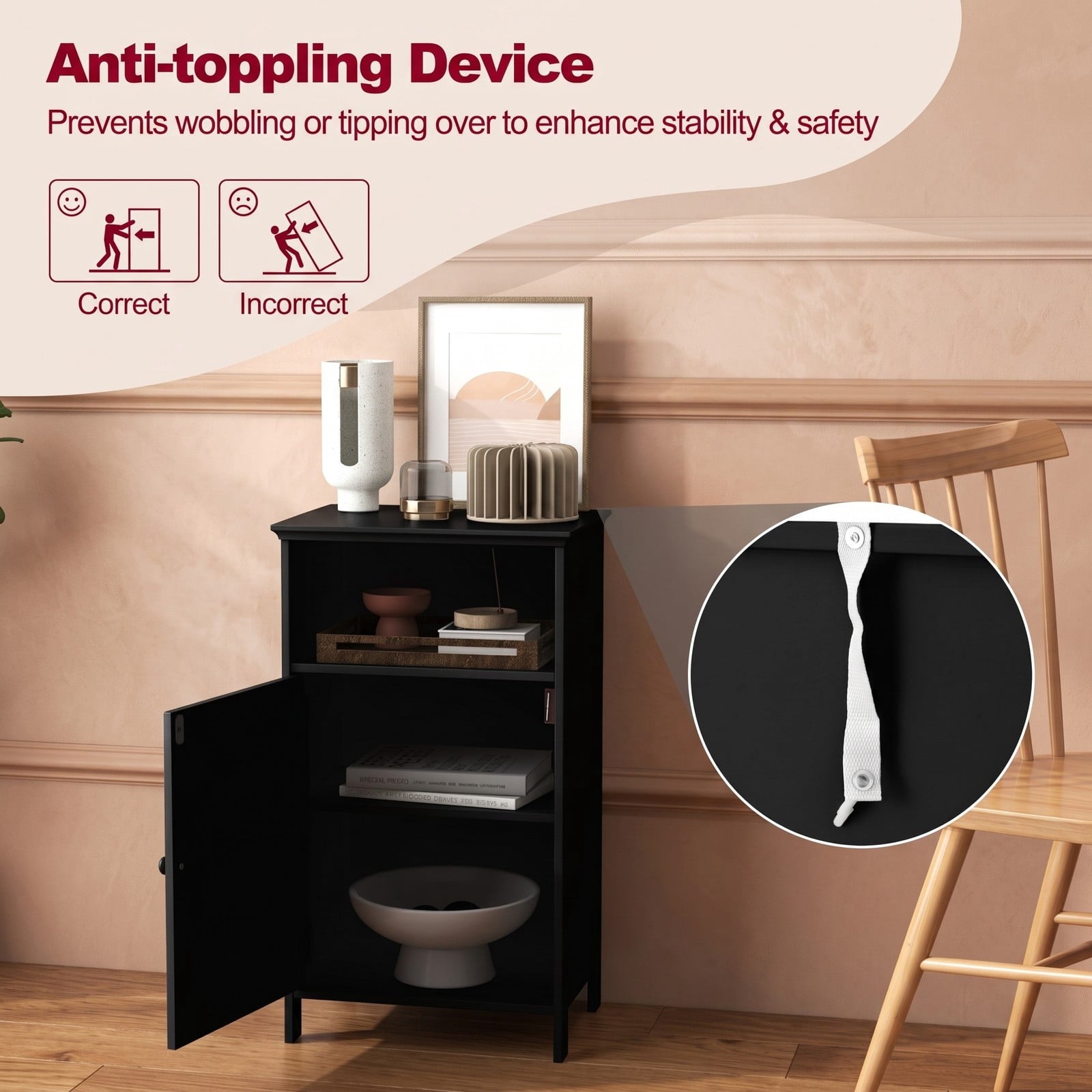 Fenbeli Bathroom Freestanding Floor Storage Cabinet with Adjustable Shelf and Open Cube, Waterproof MDF Side Organizer for Bathroom Living Room Bedroom Entryway, Black