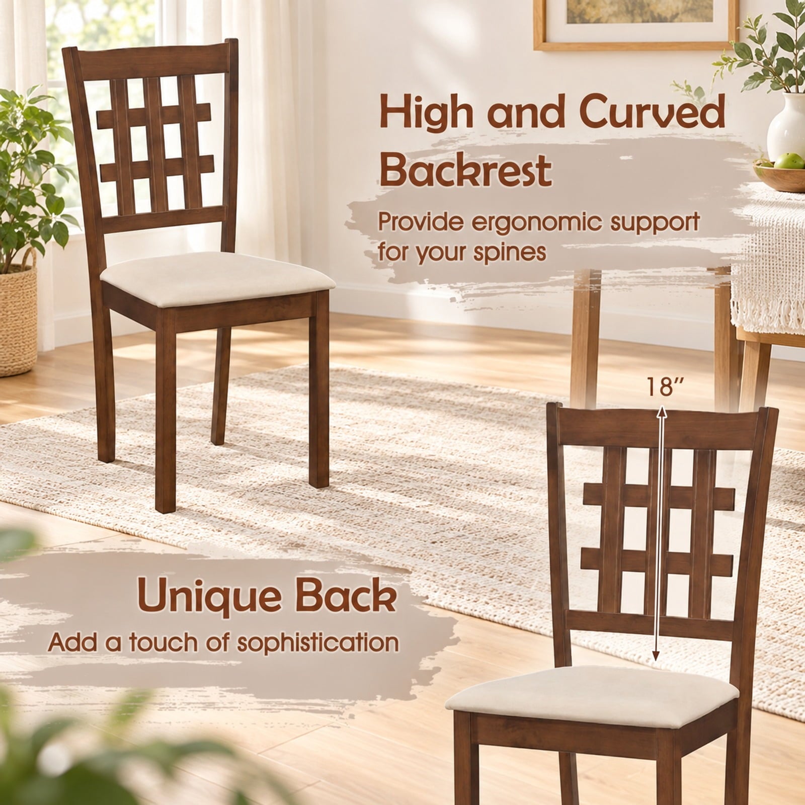 Fenbeli Set of 2 Wood Kitchen Chairs with Faux Leather Upholstered Seat, 265 lbs Capacity, Rubber Wood MDF Polyester Sponge Frame, Coffee