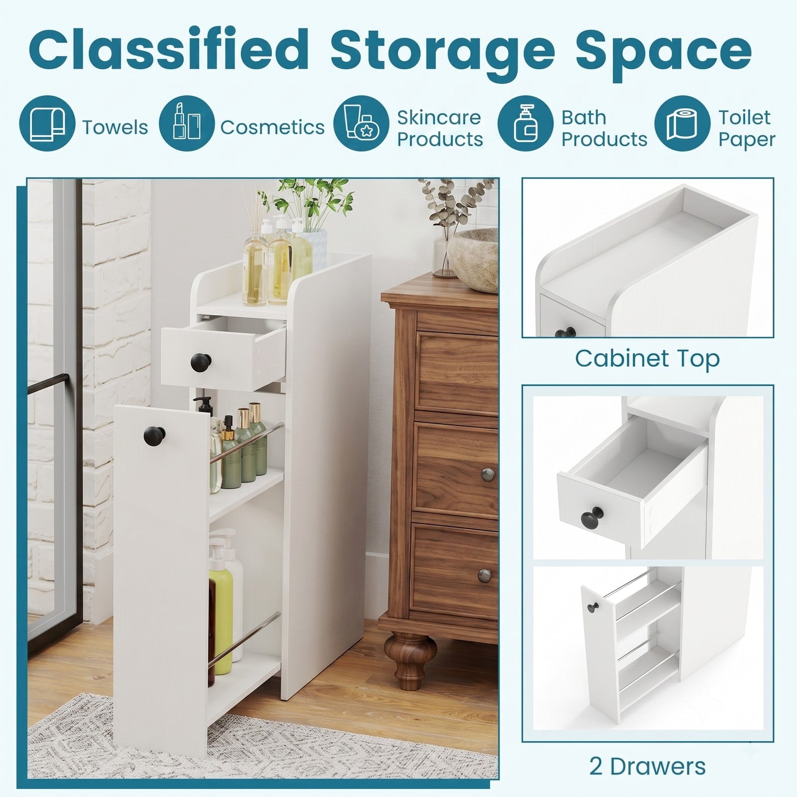 Fenbeli Small Bathroom Storage Cabinet, 4-Tier Narrow Slim Organizer with 3 Slide Out Drawers on Casters, Freestanding Rolling Storage Tower for Bathroom, White