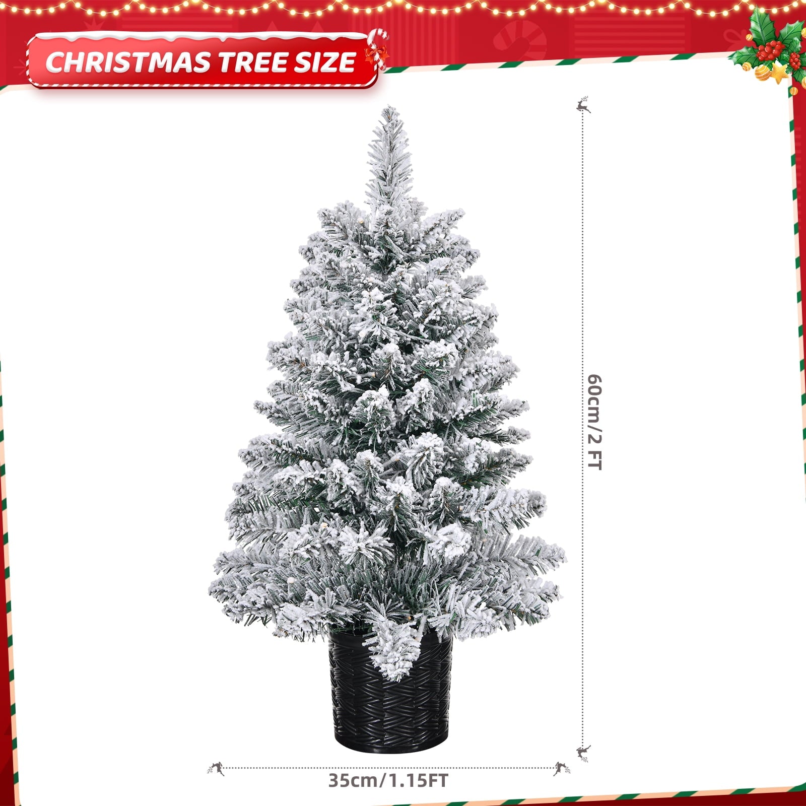 Fenbeli Pre-Lit Artificial Mini Christmas Tree, 24" Snow Flocked Artificial Pine Xmas Tree