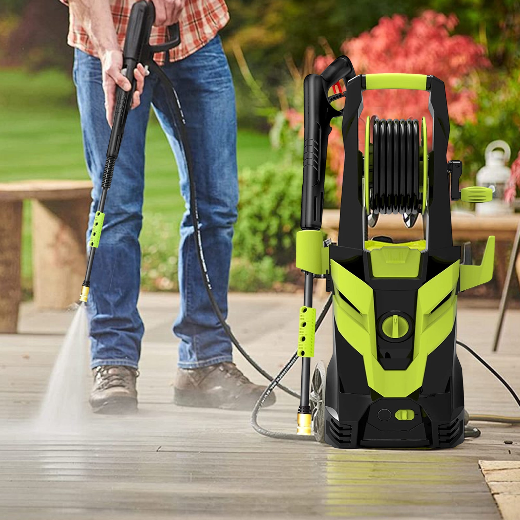 Fenbeli Electric Pressure Washer, 3800 PSIMAX, 2.4 GPM 20 ft Hose & Reel, 4 Quick Connect Nozzles, Foam Cannon, Portable to Clean Patios, Cars, Fences, Driveways, Patios, Floor Cleaning