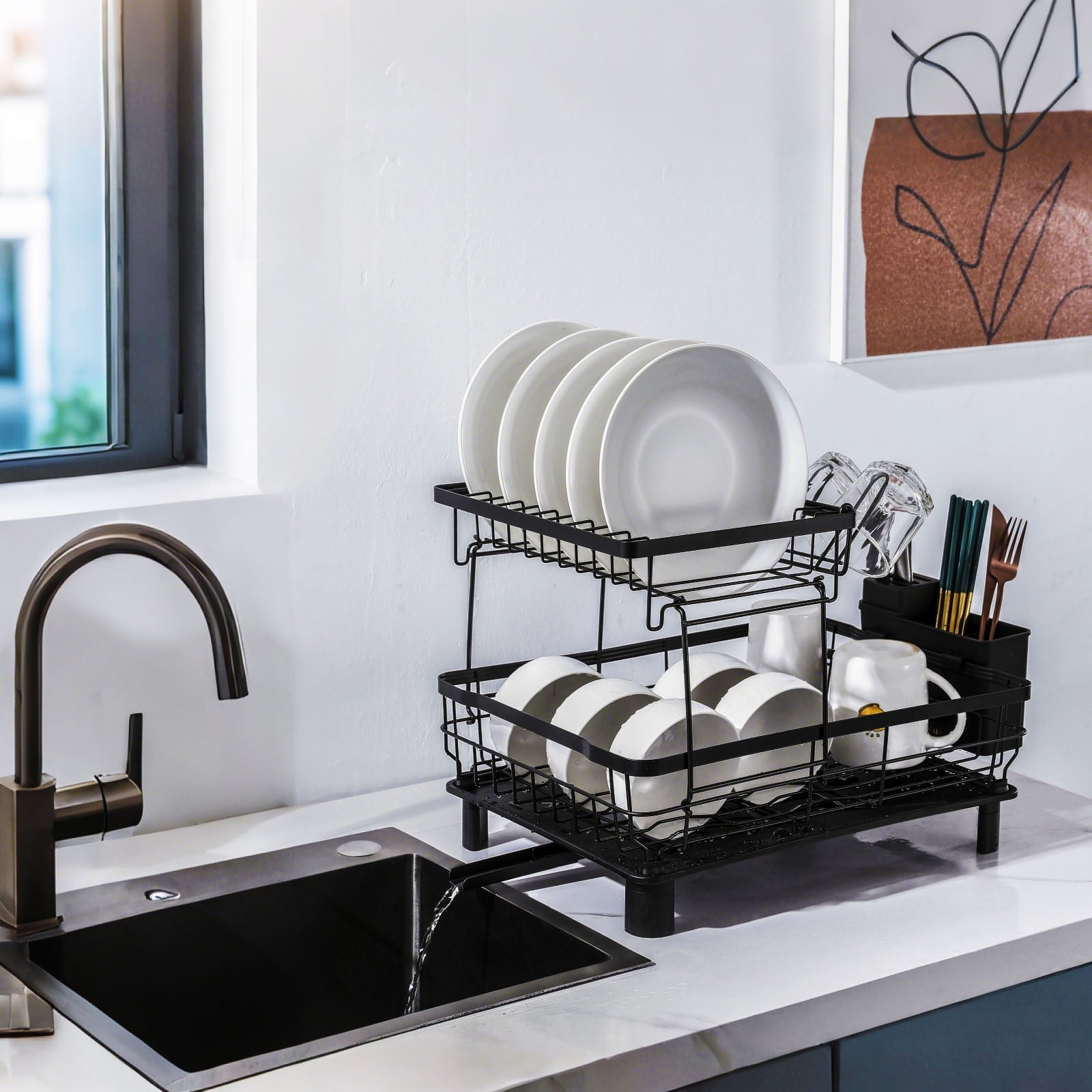Fenbeli Dish Drying Rack Stainless Steel 2-Tier Detachable Dish Rack with Drain Board Tray Black