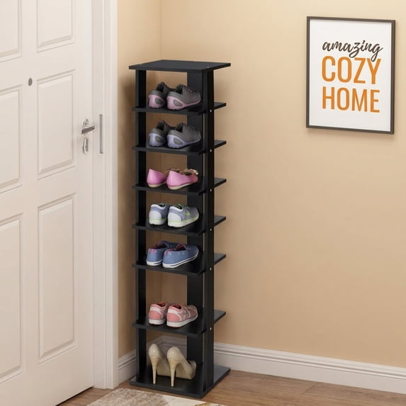 Furnibear 7-Tier Vertical Wooden Shoe Rack, Tall Slim Corner Shoe Tower for Narrow Spaces, Space-Saving Storage Organizer for Entryway and Bedroom, Black