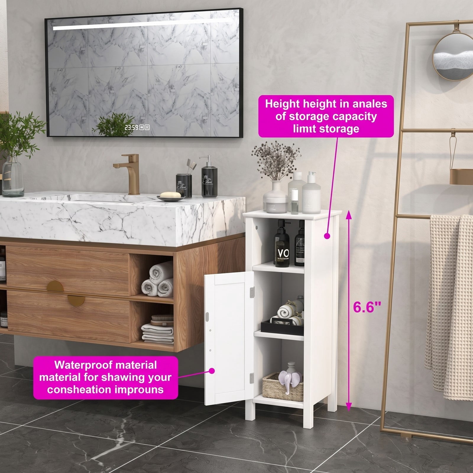 Fenbeli 1-Door Freestanding Bathroom Cabinet with Open Shelf, 2-Tier Floor Storage Organizer and Anti-Tip MDF Corner Cabinet for Bathroom Bedroom Living Room, White