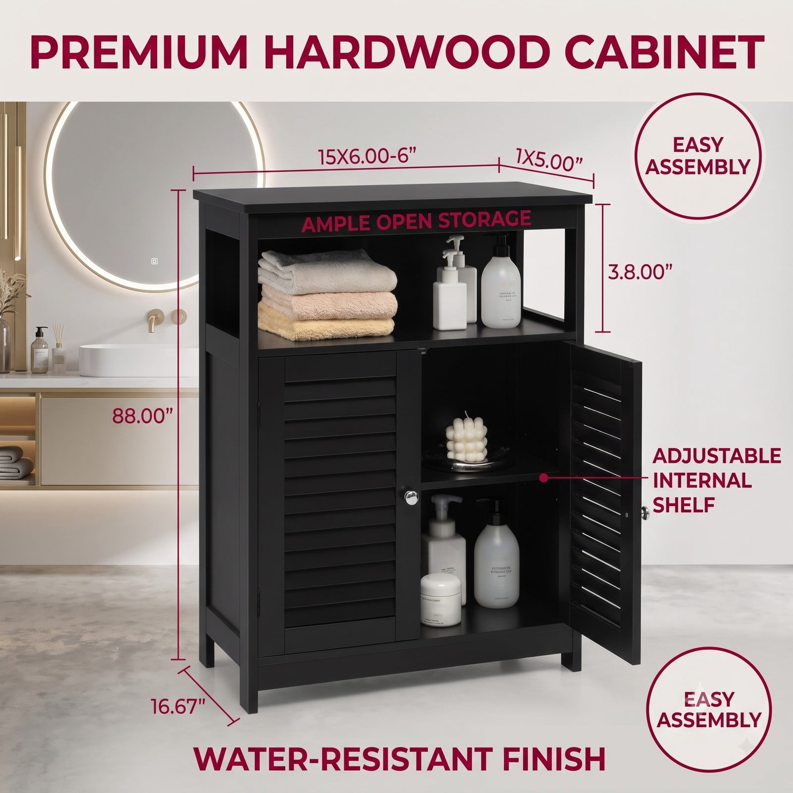 Fenbeli Wood Freestanding Bathroom Storage Cabinet, Double Shutter Doors with Adjustable Inner Shelf and Anti-Tipping Device, Floor Organizer Cabinet for, Black