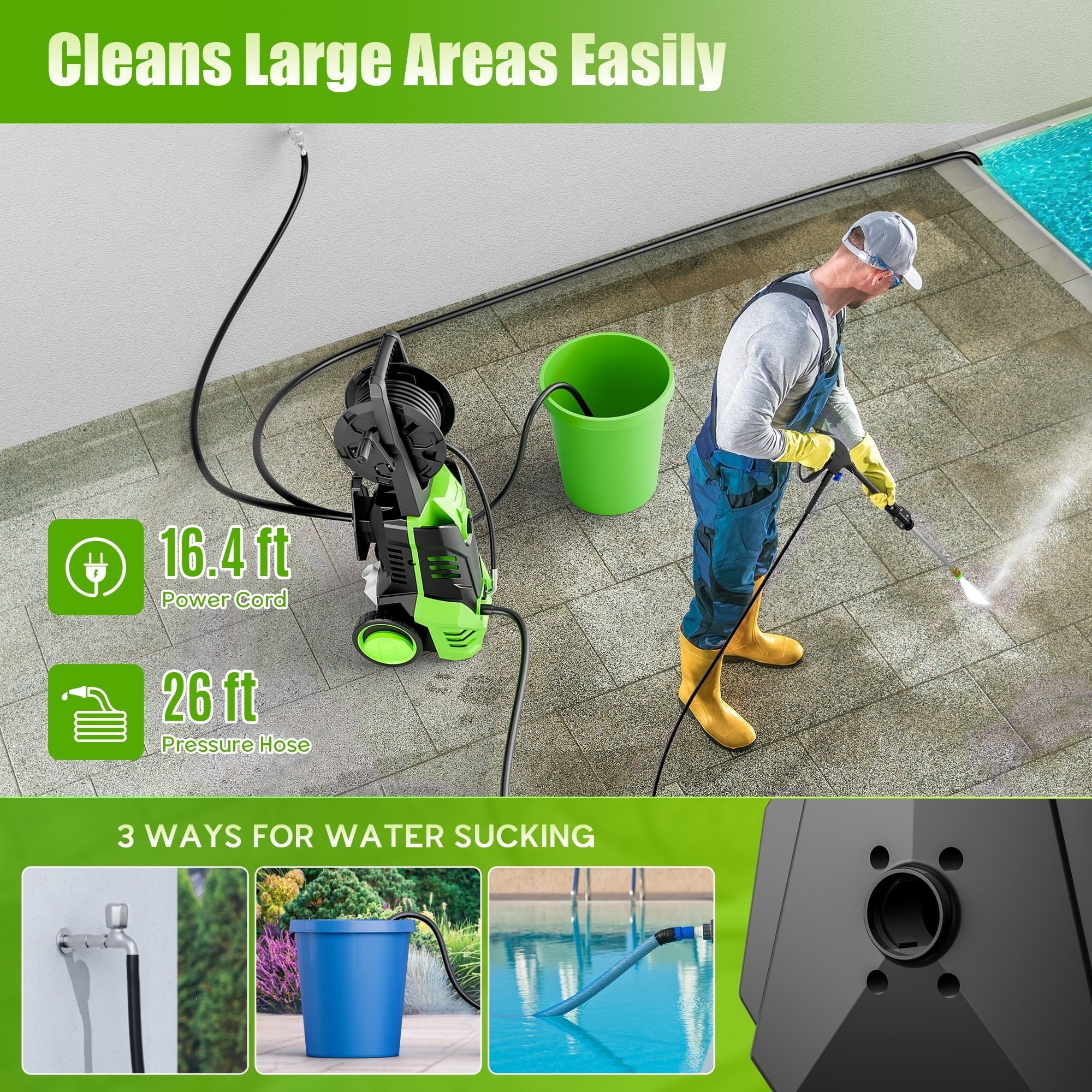 Electric Pressure Washer, 3800PSI 2.6 GPM Power Washer Machine with Hose Reel,4 Quick Connect Nozzles, Foam Cannon, for Cars, Patios, and Floor Cleaning,Green