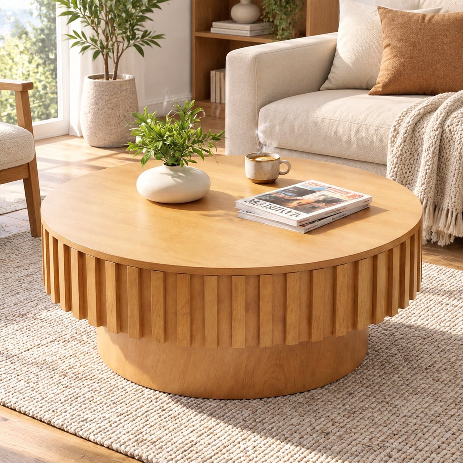 Fenbeli Round Coffee Table with Storage Modern Wooden Drum Coffee Table with Hidden Compartment, 265 lbs Capacity, Rubber Wood Pine Wood MDF Frame