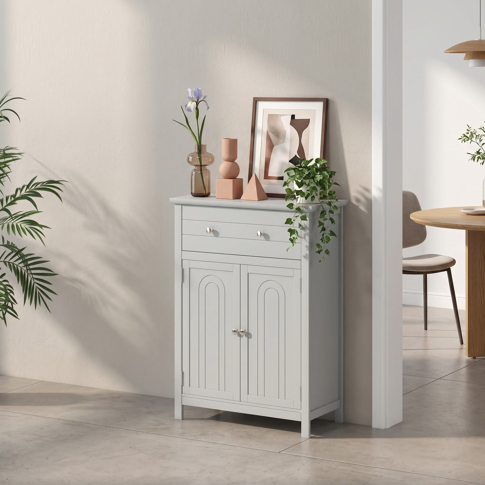 Fenbeli Wooden Bathroom Floor Cabinet, Free Standing 2-Door Storage Cabinet with Drawer and Adjustable Shelf, Waterproof MDF Side Organizer for Bathroom Living, Gray