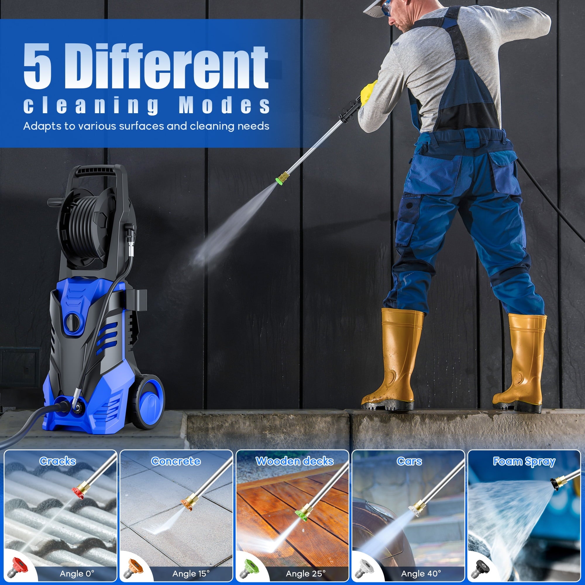 Fenbeli 3000 PSI Electric Pressure Washer, 2.0 GPM Power Washer with Hose Reel, 5 Nozzles, Wheels and Handle, 2000W High-Efficiency Cleaner for Cars, Homes, Driveways, and Decks