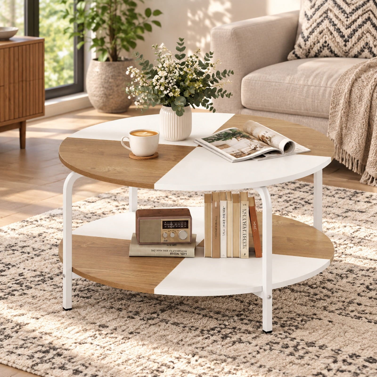 Fenbeli 2-Tier Round Coffee Table Metal Frame with Storage Shelf-Natural and White, 220 lbs Capacity, Engineered Wood Metal Frame, Coffee