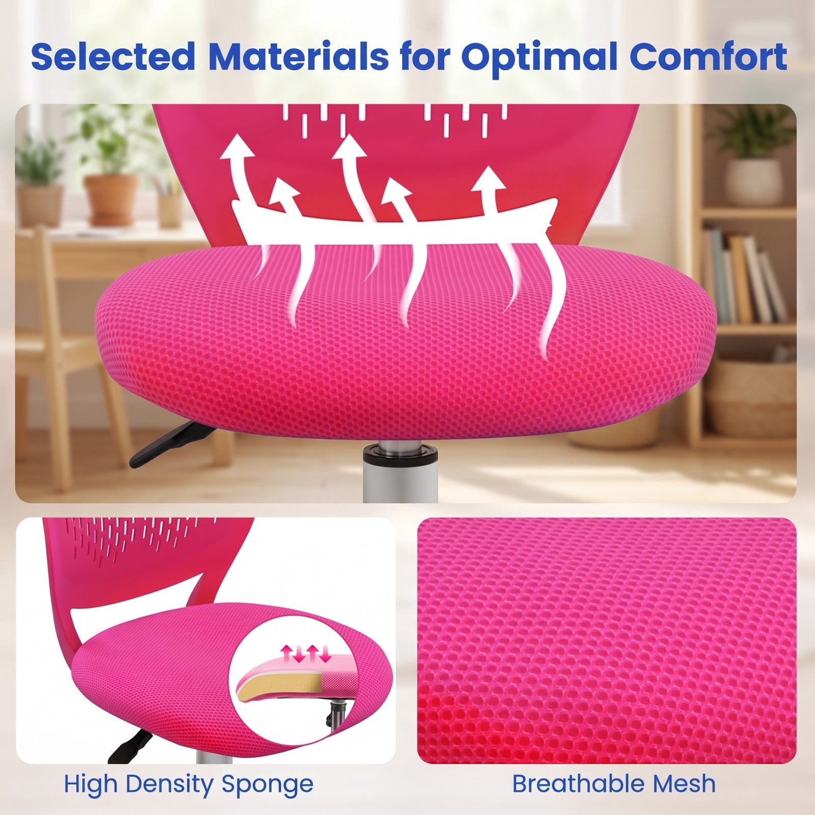 Fenbeli Ergonomic Children Study Chair with Adjustable Height, 250 lbs Capacity, Sponge Mesh Metal Frame, 19.5 x 19.5 x 29.5-34 Footprint, Pink