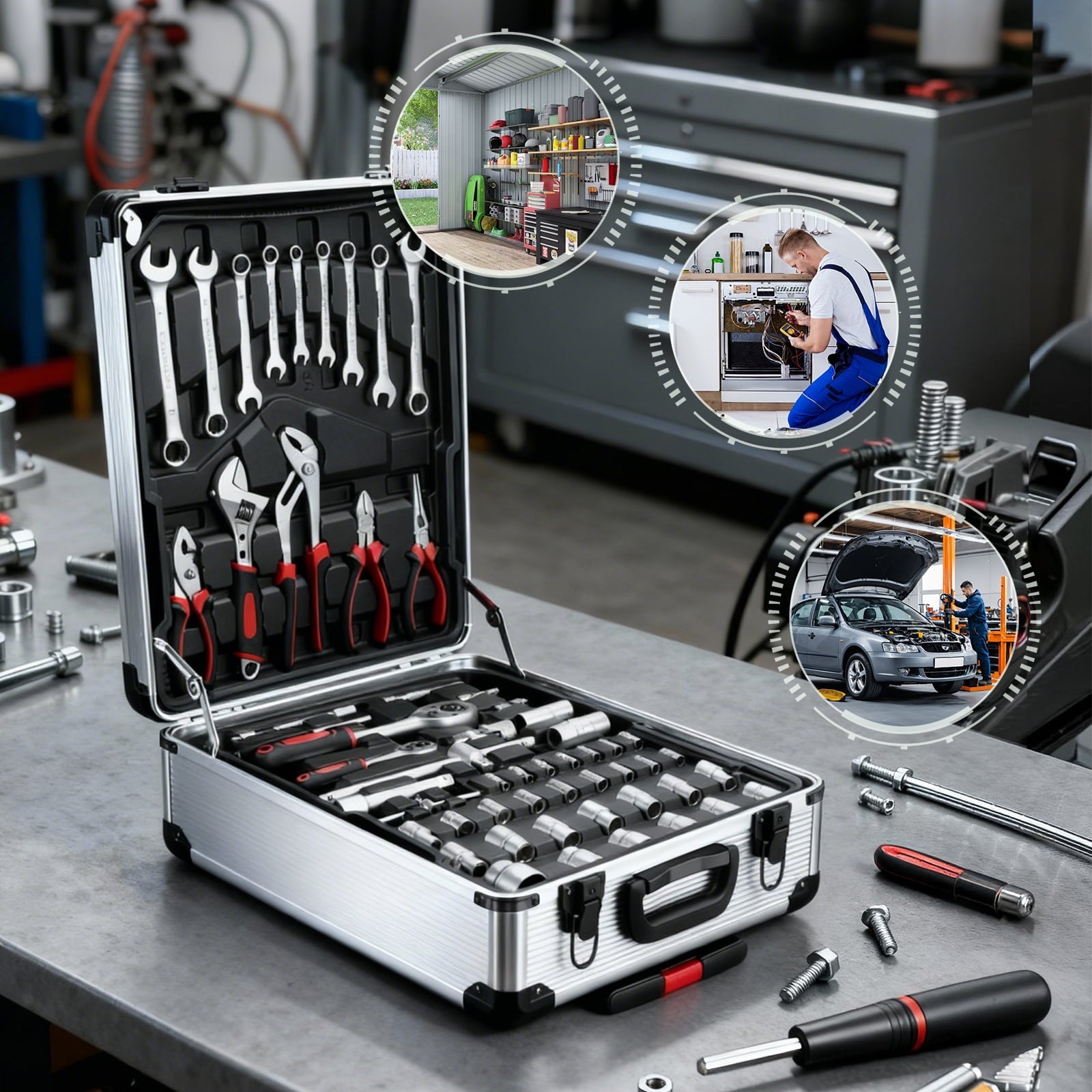 Fenbeli 399 Piece Tool Set, Professional Chrome Vanadium Steel Tool Kit with Aluminum Trolley Case and Wheels, Home Auto Repair Mechanic Tool Box,Silver
