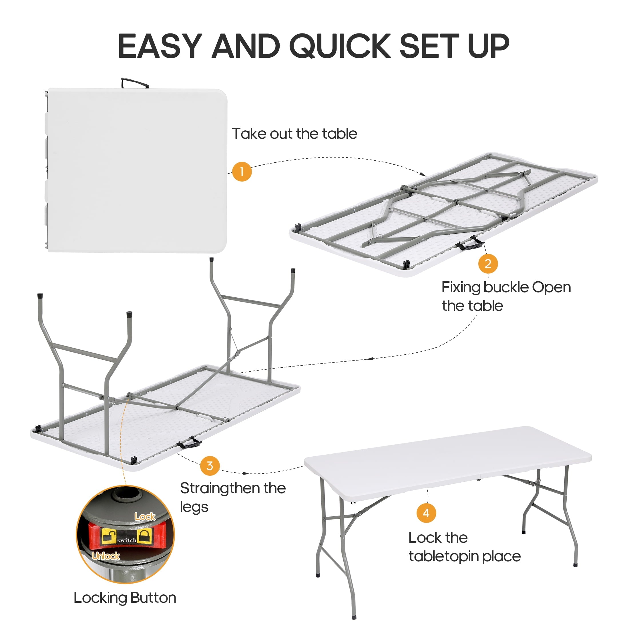 Furnibear Folding Table 6ft Portable Rectangular Indoor Outdoor Table, Fold in Half with Carry Handle, White