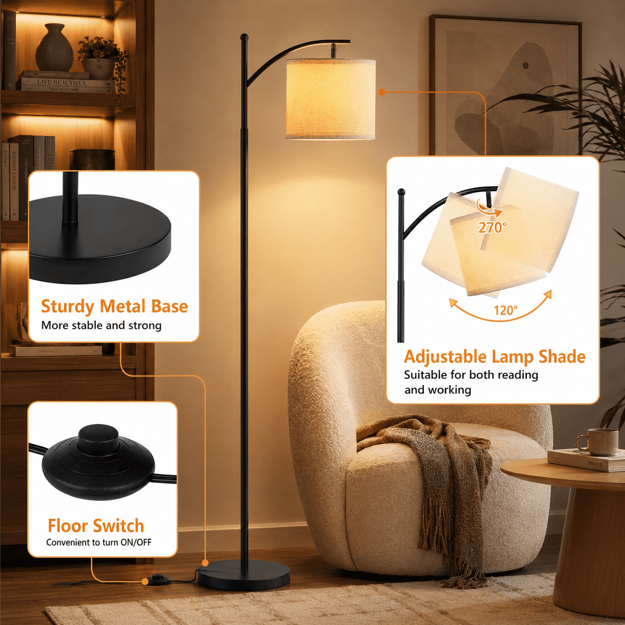 Fenbeli 61 Arc Floor Lamp with 3 Color Temperature LED Bulb, Adjustable Linen Shade and Foot Switch for Living Room, Bedroom and Office, Black