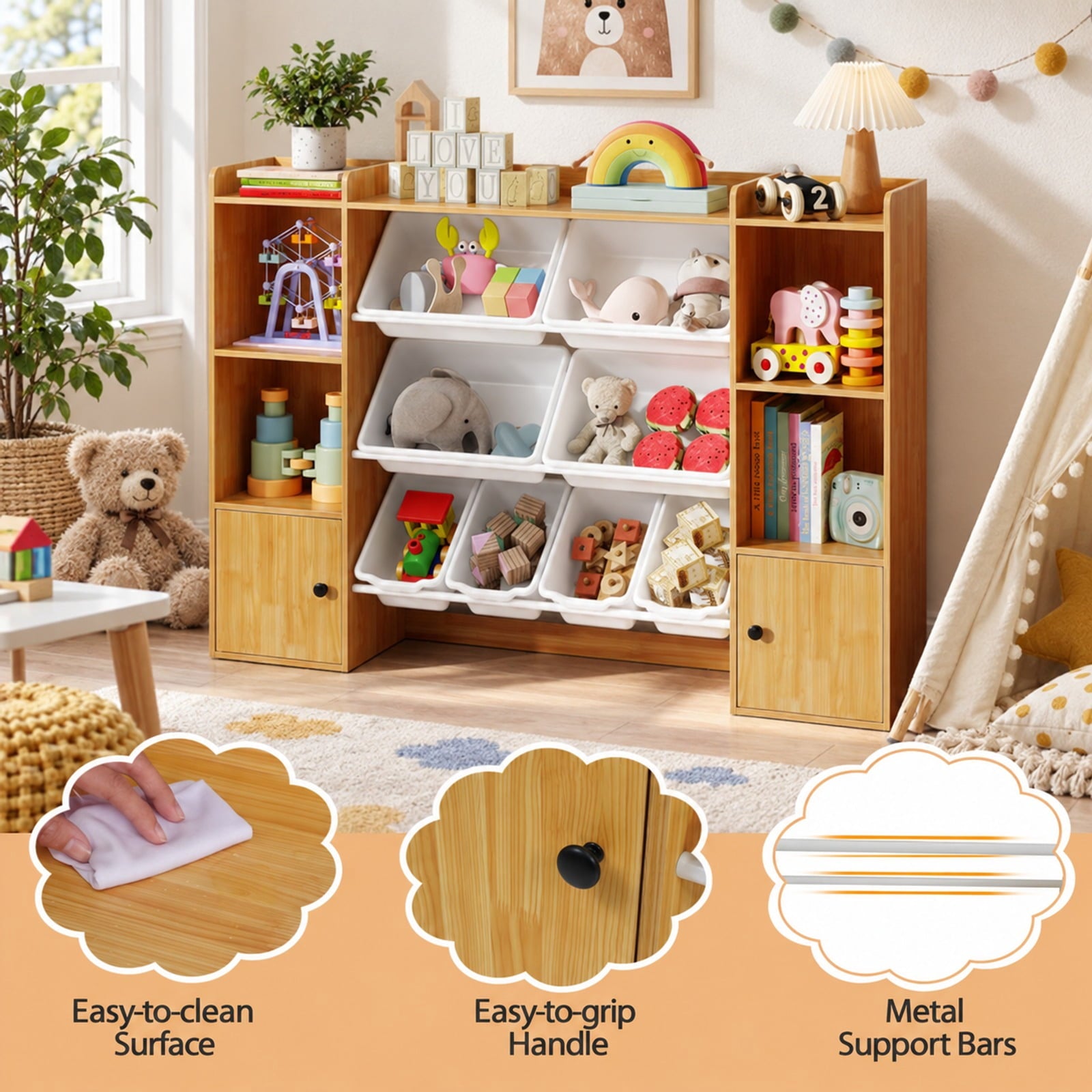 Fenbeli Kids Toy Storage and Bookshelf with Boxes and Open Shelves, 385 lbs Capacity, Engineered Wood Frame, for 3+ Years Old Total, Beige