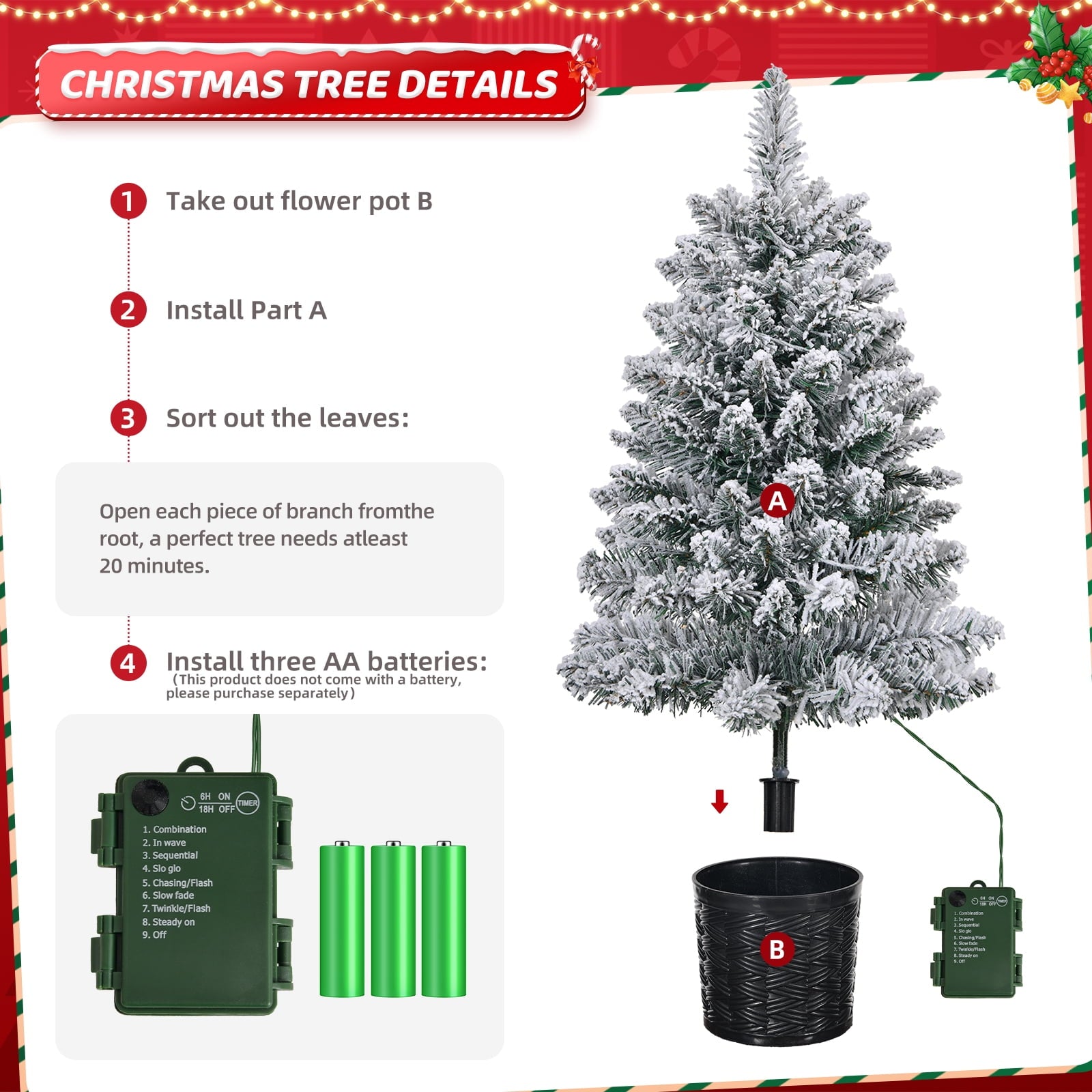 Fenbeli Pre-Lit Artificial Mini Christmas Tree, 24" Snow Flocked Artificial Pine Xmas Tree