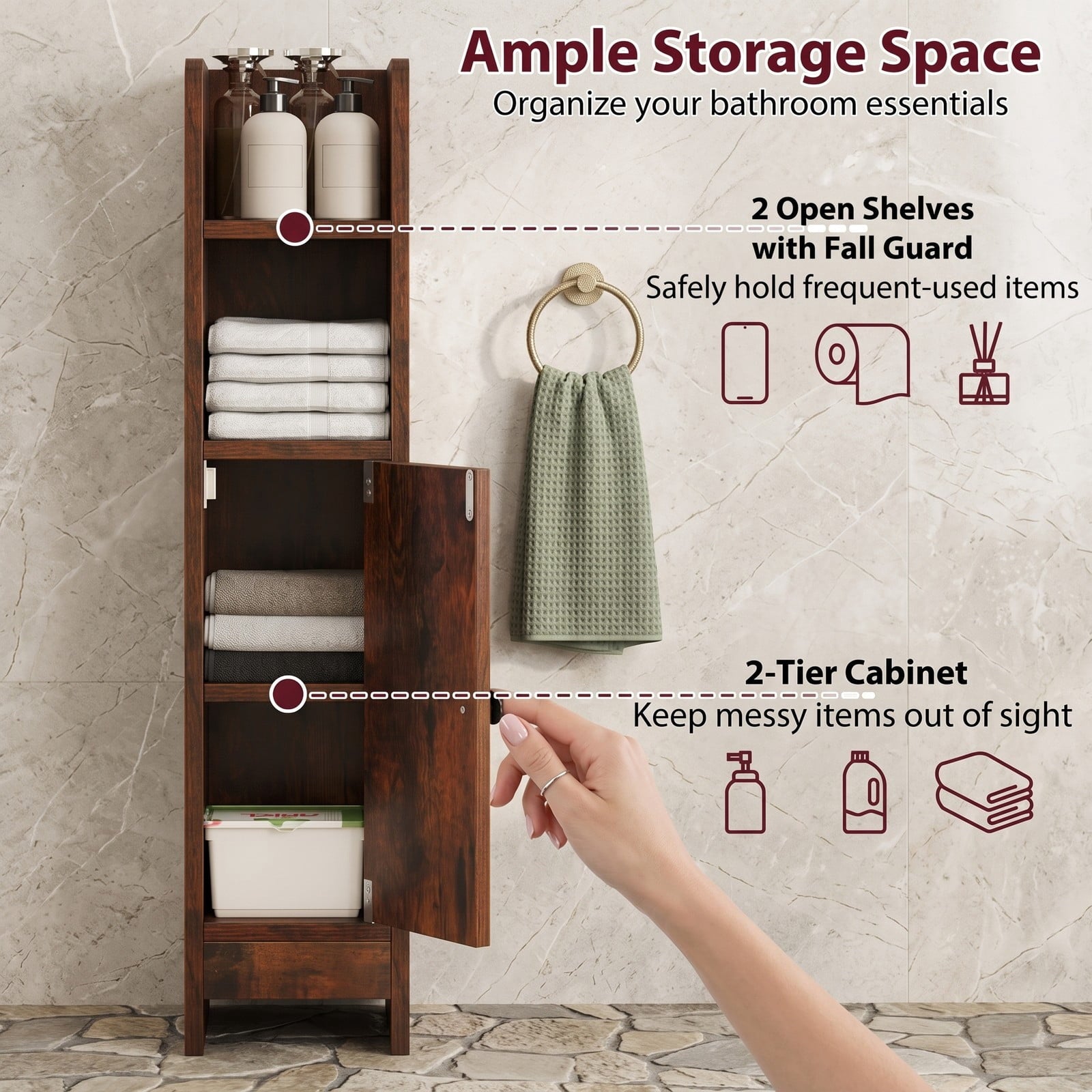 Fenbeli Slim Bathroom Corner Storage Cabinet, Freestanding Floor Cabinet with Door and Adjustable 3-Tier Shelf, Anti-Tipping Space-Saving Organizer for, Rustic Brown