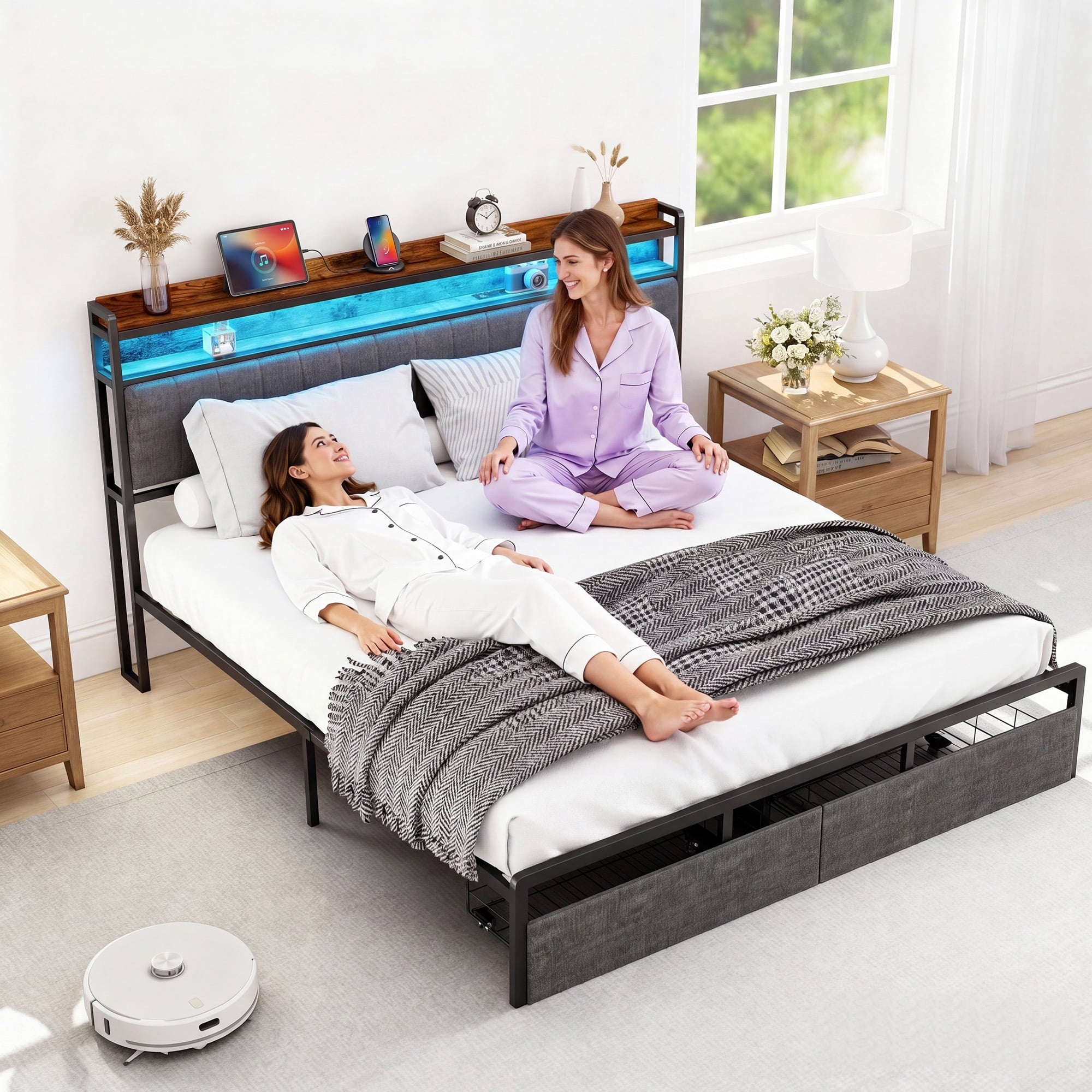 Furnibear LED Full Bed Frame with Upholstered Storage Headboard and Drawers, LED Platform Bed with Charging Station, No Box Spring Needed