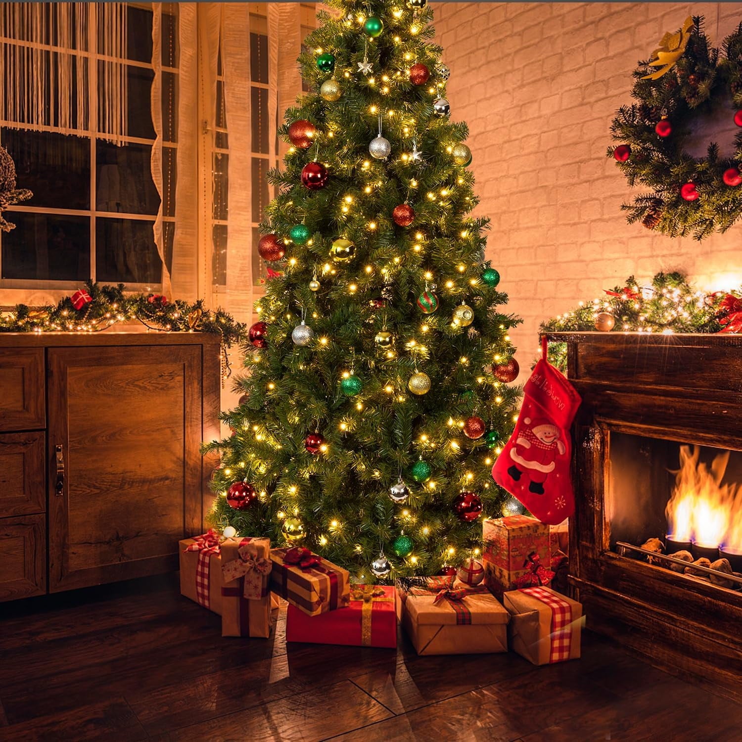 Fenbeli Pre-Lit Artificial Christmas Tree 6ft with 300 Clear Incandescent Mini Lights, Indoor Green