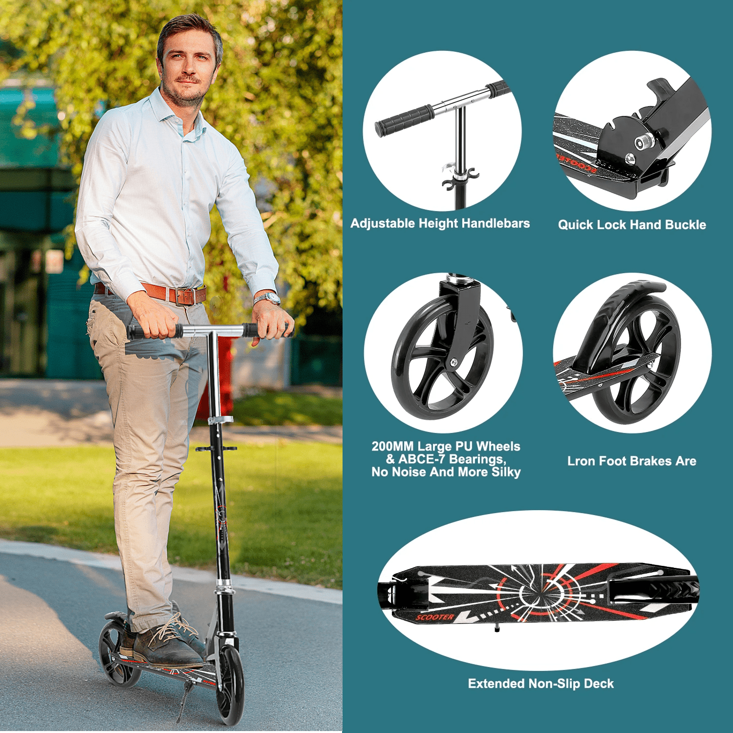 Fenbeli 200mm Black Scooter Commuter Scooter Height Adjustable Folding Kick Scooter for Teens Adults