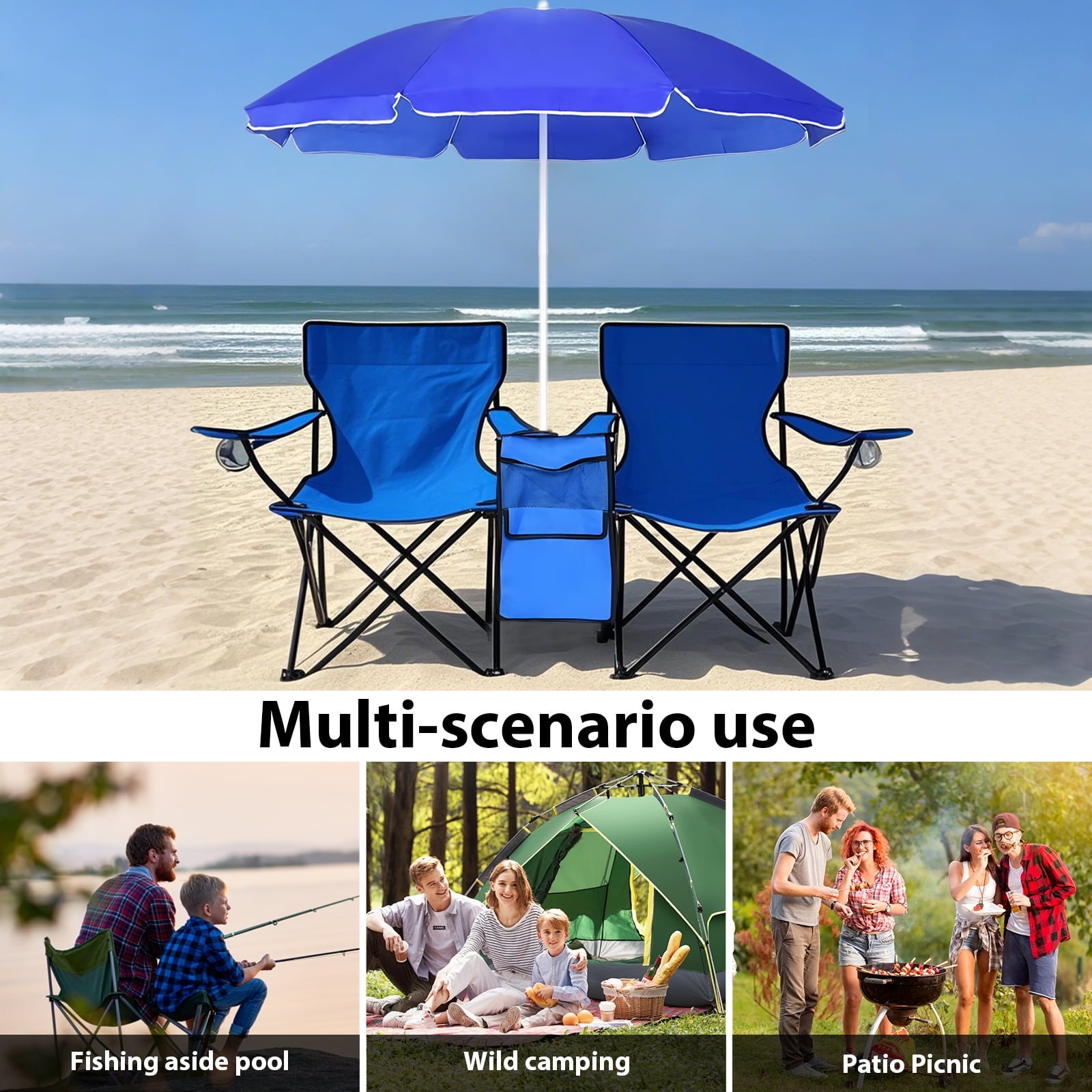 Fenbeli Portable Folding Picnic Double Chair With Removable Umbrella, Blue