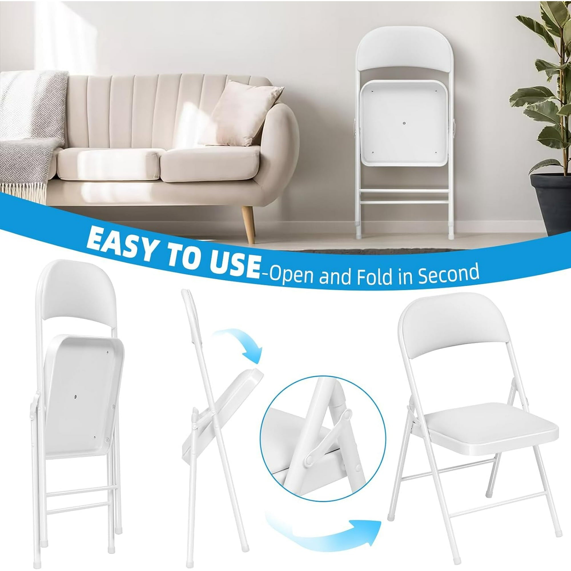Fenbeli Metal Folding Chair with Padded Seats & Back,White, Set of 6