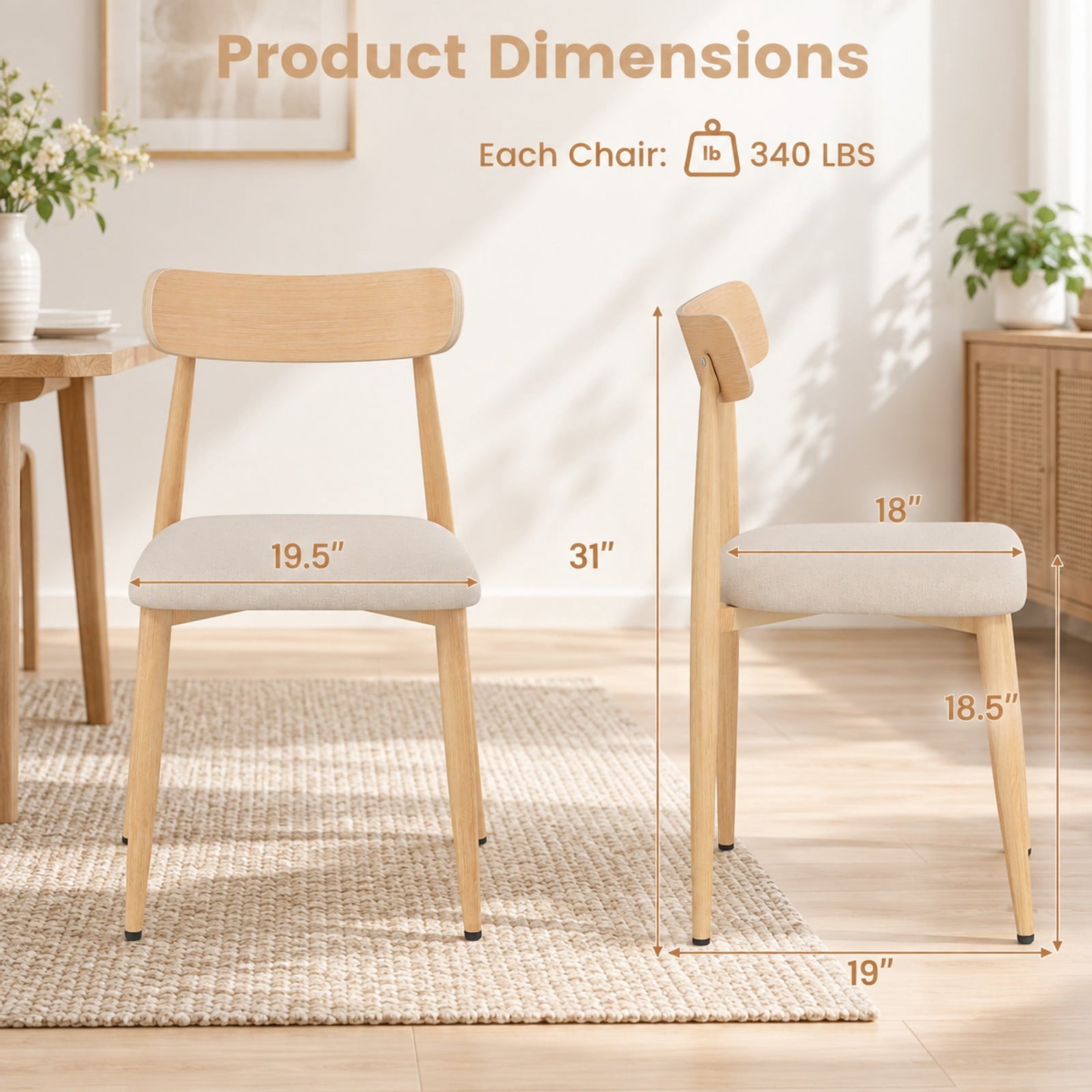 Fenbeli Linen Fabric Upholstered Modern Dining Chair Set of 2 with Padded Seat and Curved Back, Chair 340 lbs Capacity, 19.5 x 19 x 31 Footprint