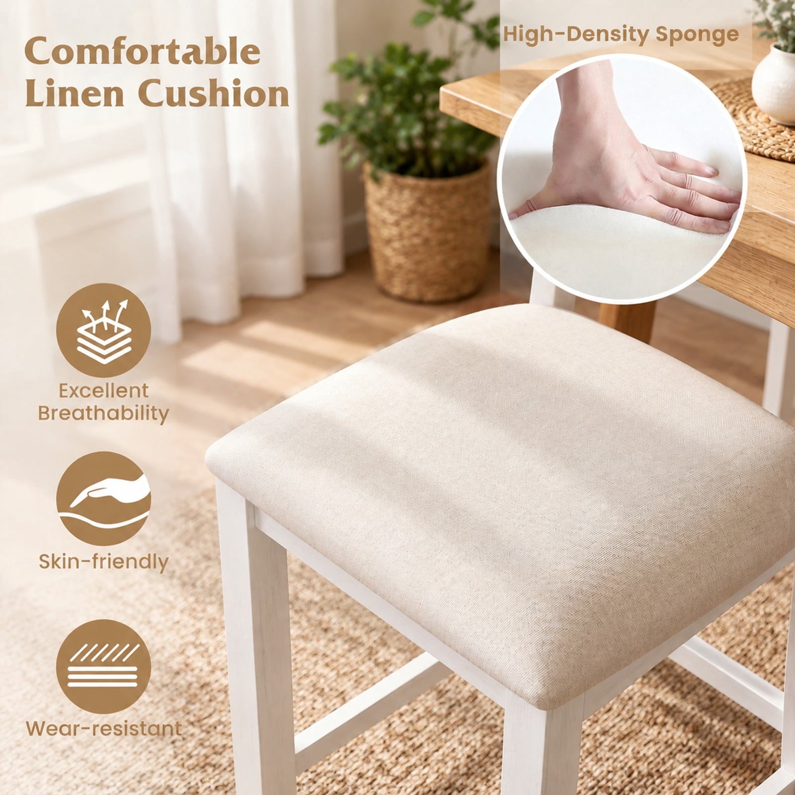 Fenbeli Modern Farmhouse Counter Height Stools with Footrest and Cushion, 330 lbs Capacity, Rubber MDF Linen Sponge Frame, White