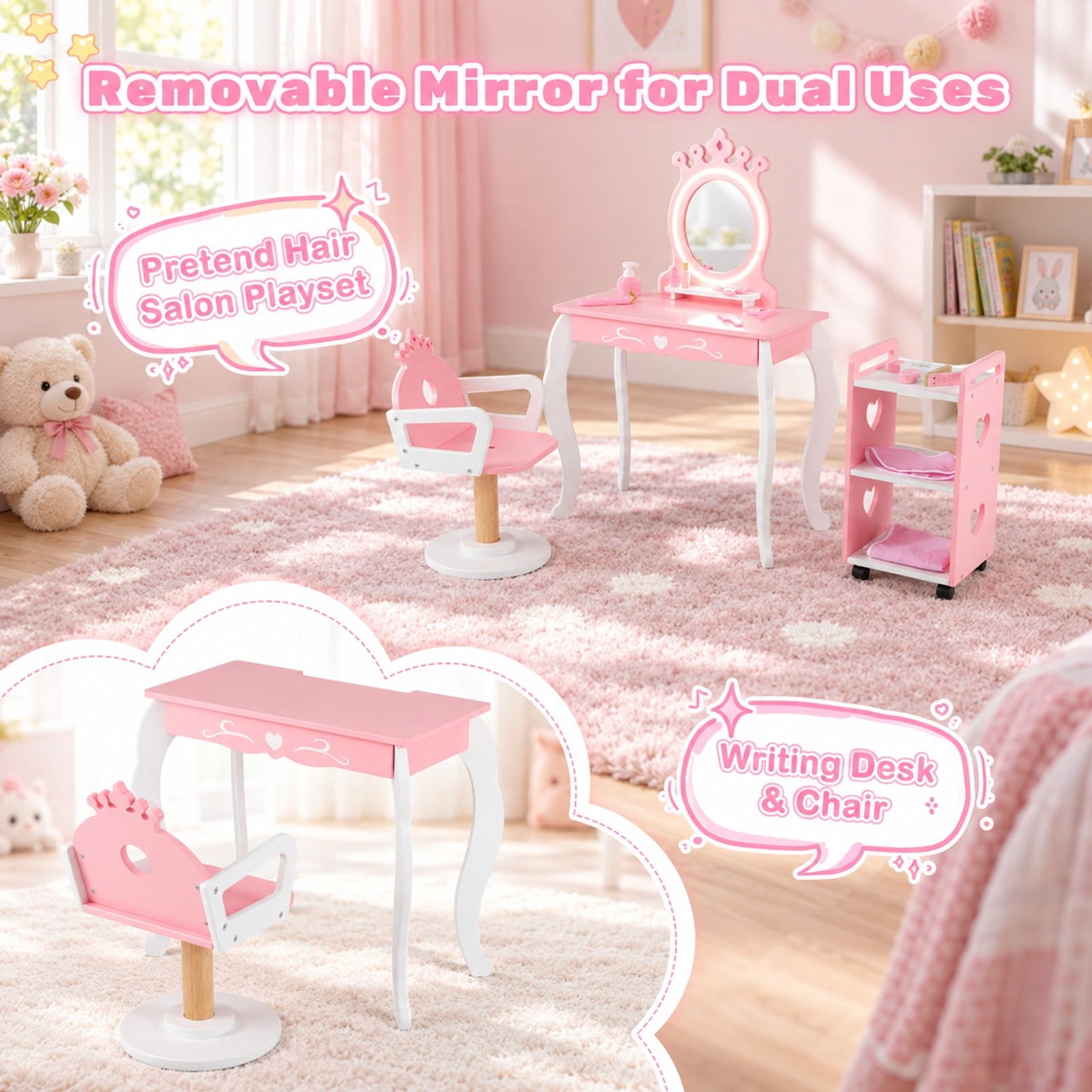 Fenbeli Kids Hair Salon Play Set with LED Lighted Mirror Wooden Pretend Hair Salon Station with Swivel Barber Chair, 66 lbs Capacity, Pink