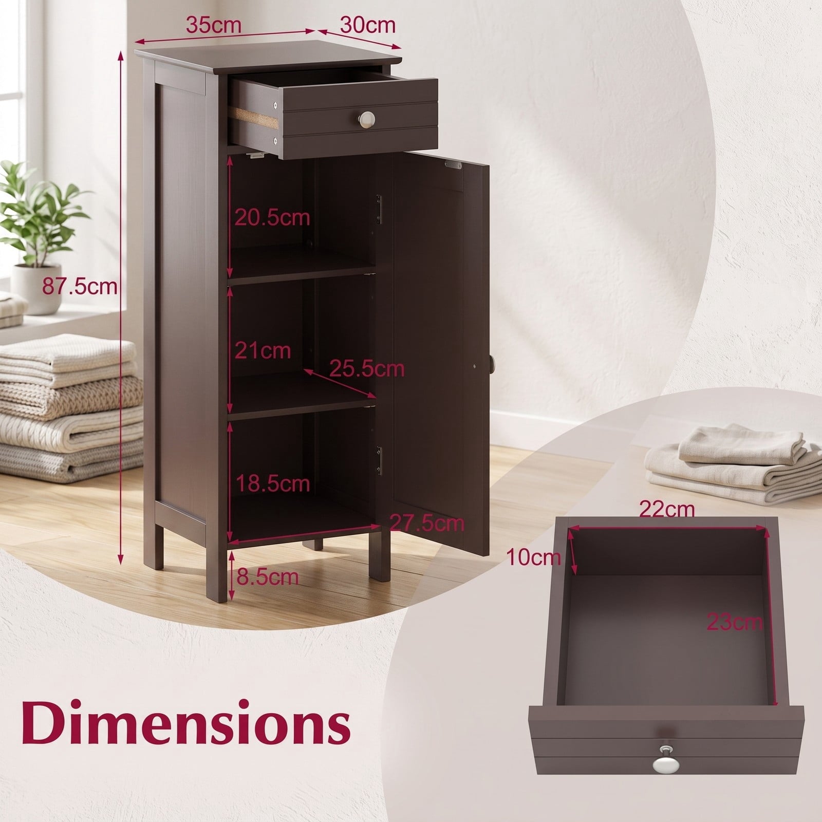 Fenbeli Wooden Floor Storage Cabinet, Free-Standing Bathroom Organizer with Drawer and 2 Adjustable Shelves, Narrow Side Cabinet for Living Room Bedroom, Brown