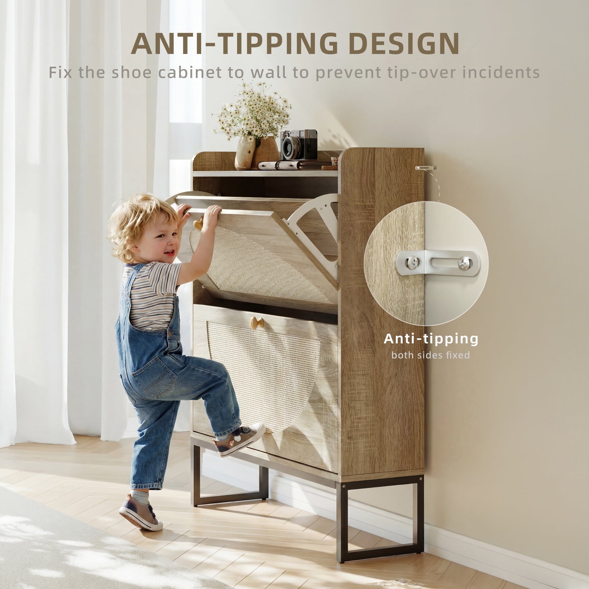Furnibear Shoe Cabinet with Rattan Doors and Adjustable Shelves for Entryway Shoe Storage, Natural Wood