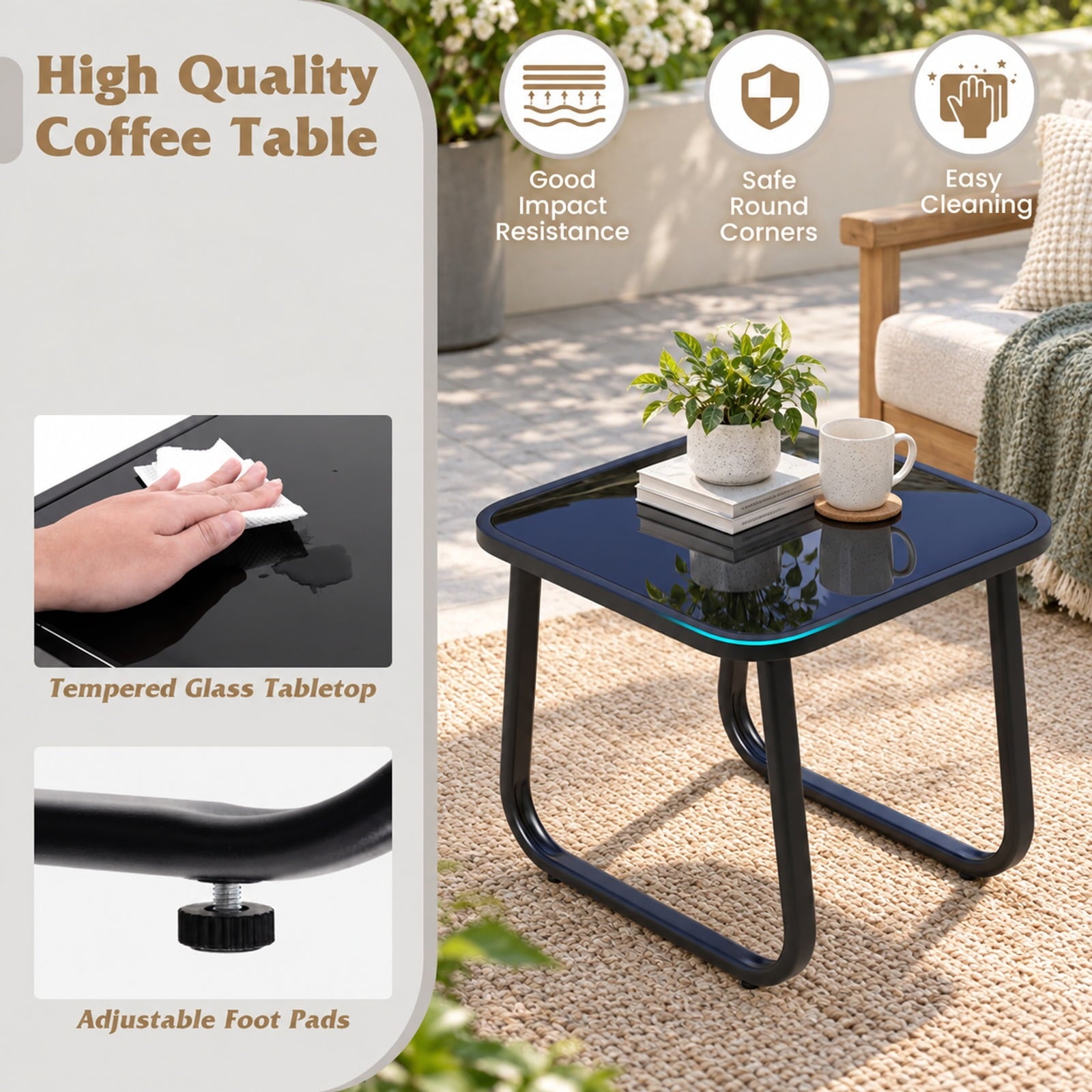 Fenbeli 2 Rocking Bistro Chairs and Glass-Top Table for Porch Yard Balcony, Rocking Chair 330 lbs Capacity, Metal Fabric Tempered Glass Frame, Brown