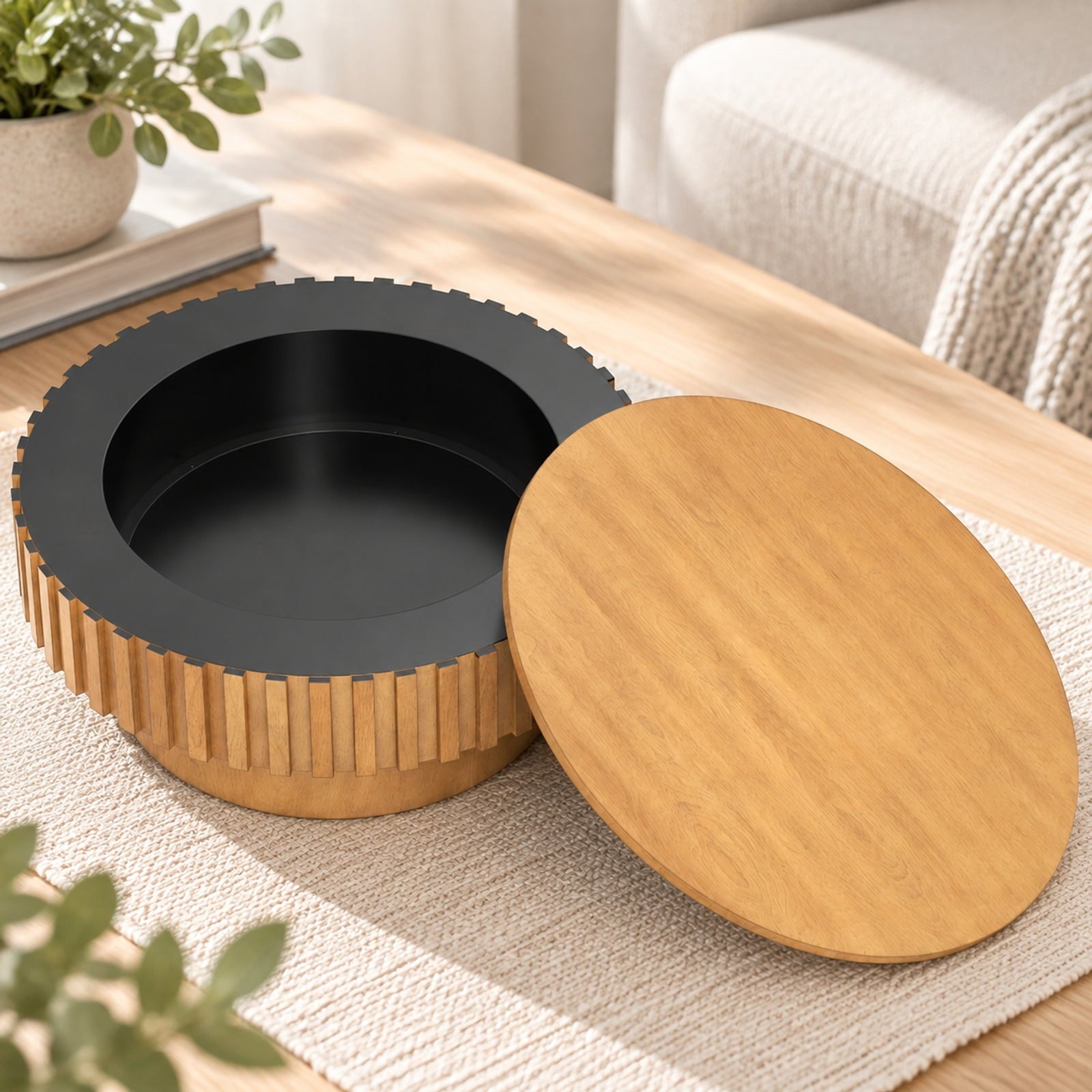 Fenbeli Round Coffee Table with Storage Modern Wooden Drum Coffee Table with Hidden Compartment, 265 lbs Capacity, Rubber Wood Pine Wood MDF Frame