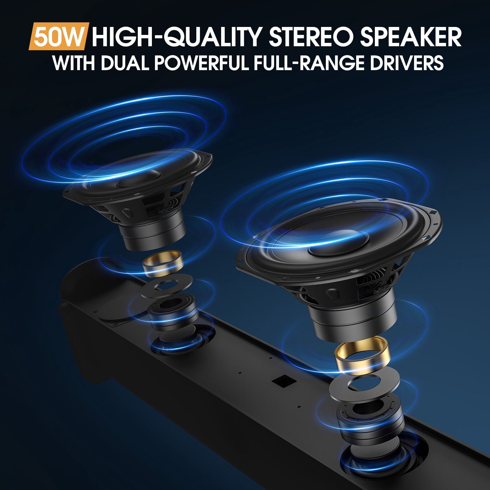 Fenbeli 50W Sound Bars for TV, 3D Surround Sound System with Built-in Subwoofer, Home TV Speakers SoundBar, Optical, RCA, USB AUX Wall Mountable, Black