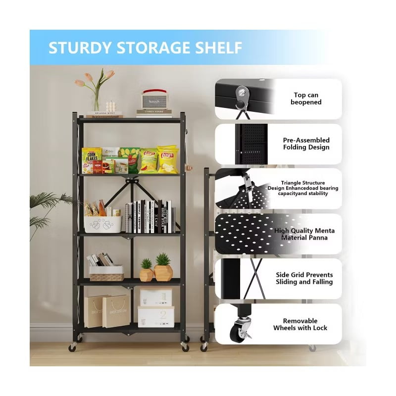 Fenbeli 5-Tier Heavy-Duty Foldable Storage Shelf with Lockable Wheels (750 lbs Capacity) - No Assembly Metal Organizer Rack for Home/Garage/Office, Black