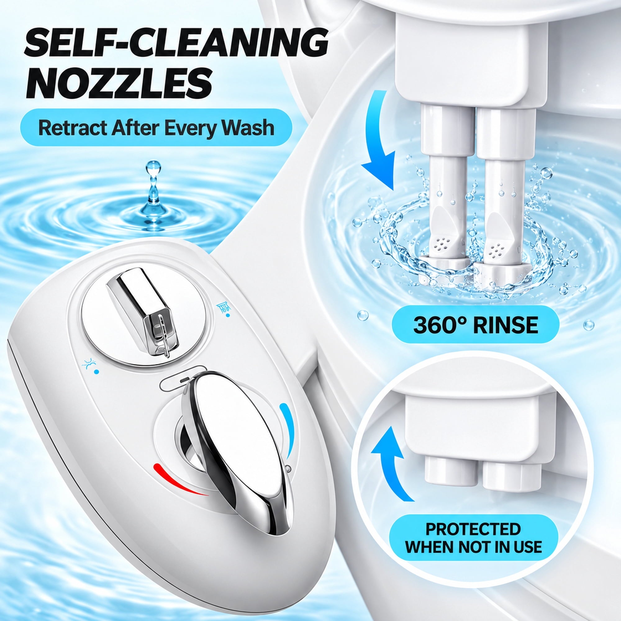 Fenbeli Bidet Attachment for Toilet, Non-Electric Dual Nozzle Bidet with Feminine and Rear Wash, Hot and Cold Water Toilet Seat Attachment with Self-Cleaning Nozzle, White