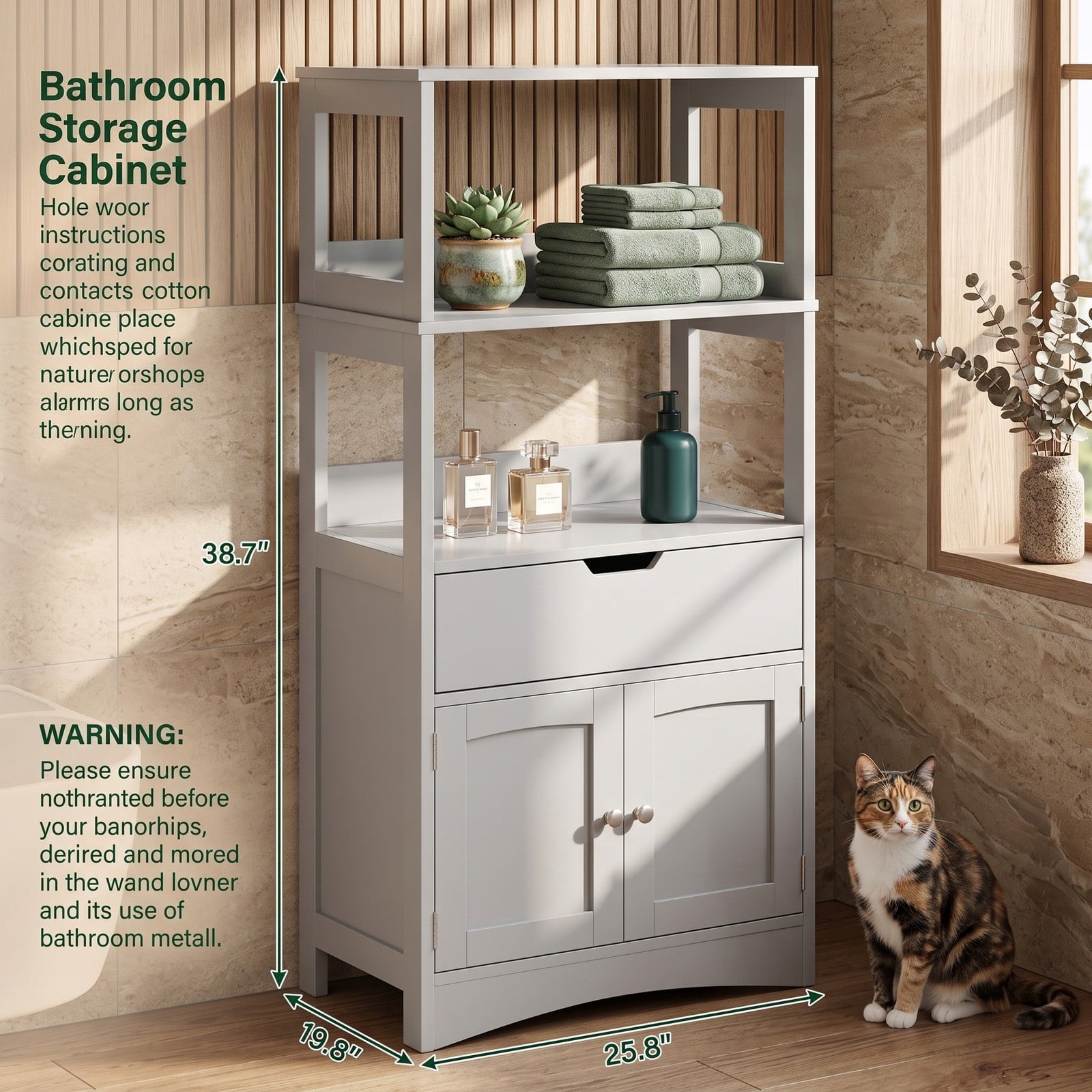 Fenbeli Bathroom Storage Cabinet, Freestanding Floor Cabinet with 3 Open Shelves, Pull-Out Drawer and 2 Doors, Anti-Toppling Wooden Organizer for Bathroom Kitchen, Gray
