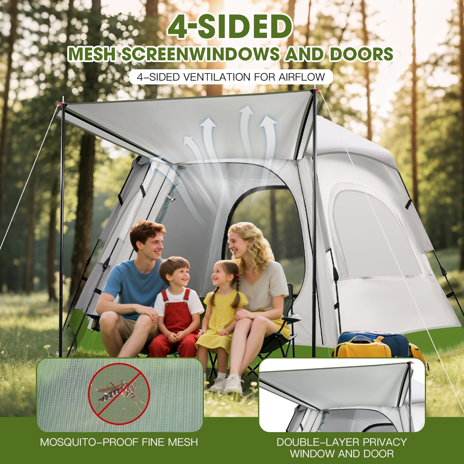Fenbeli Camping Tent for 4 Person All-Season Family Tent with Metal Door Poles, Pop Up Tents for Camping and Hiking