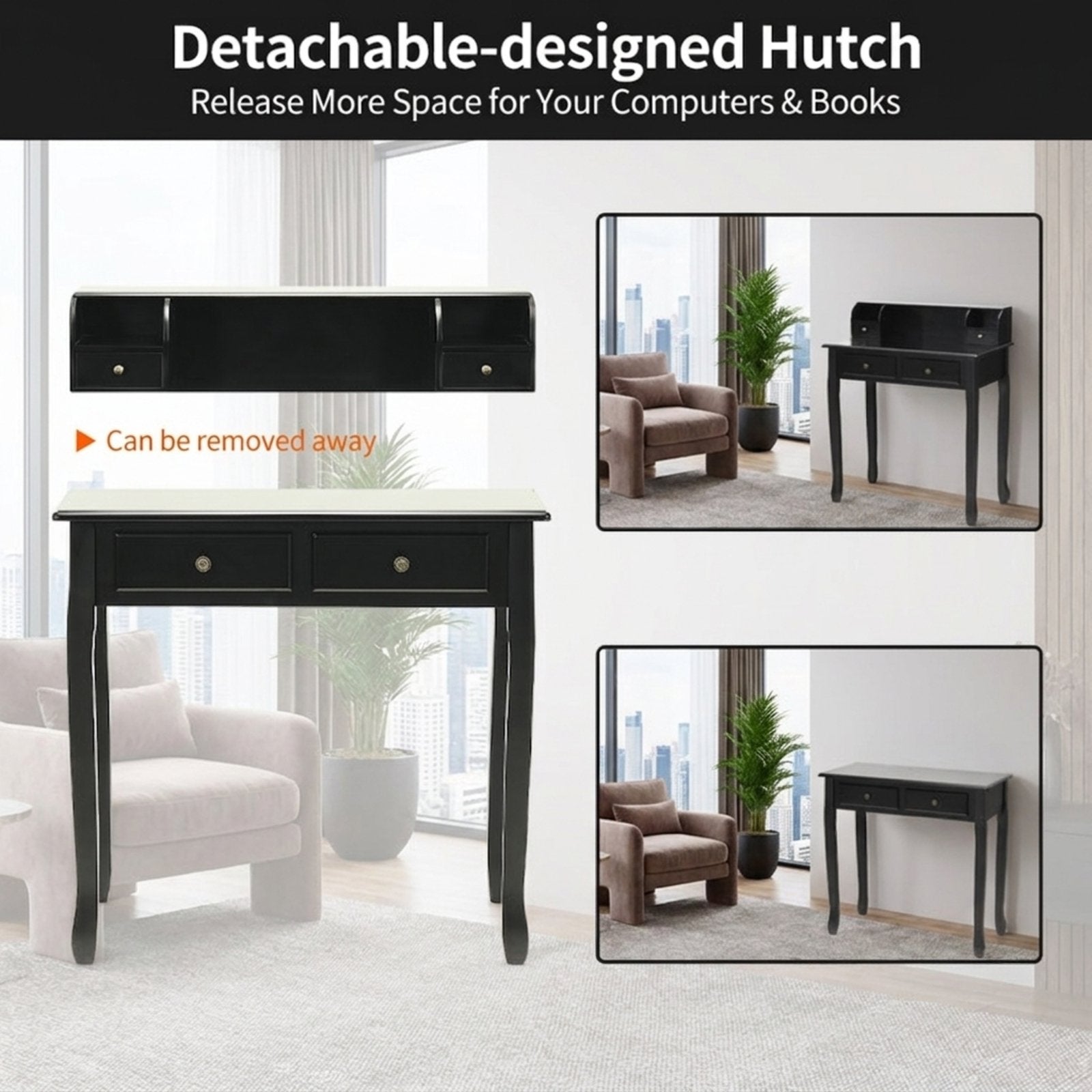Furnibear 2-Tier Writing Desk with Storage, Vanity and Sewing Desk with 4 Drawers, Computer Desk for Bedroom, Black