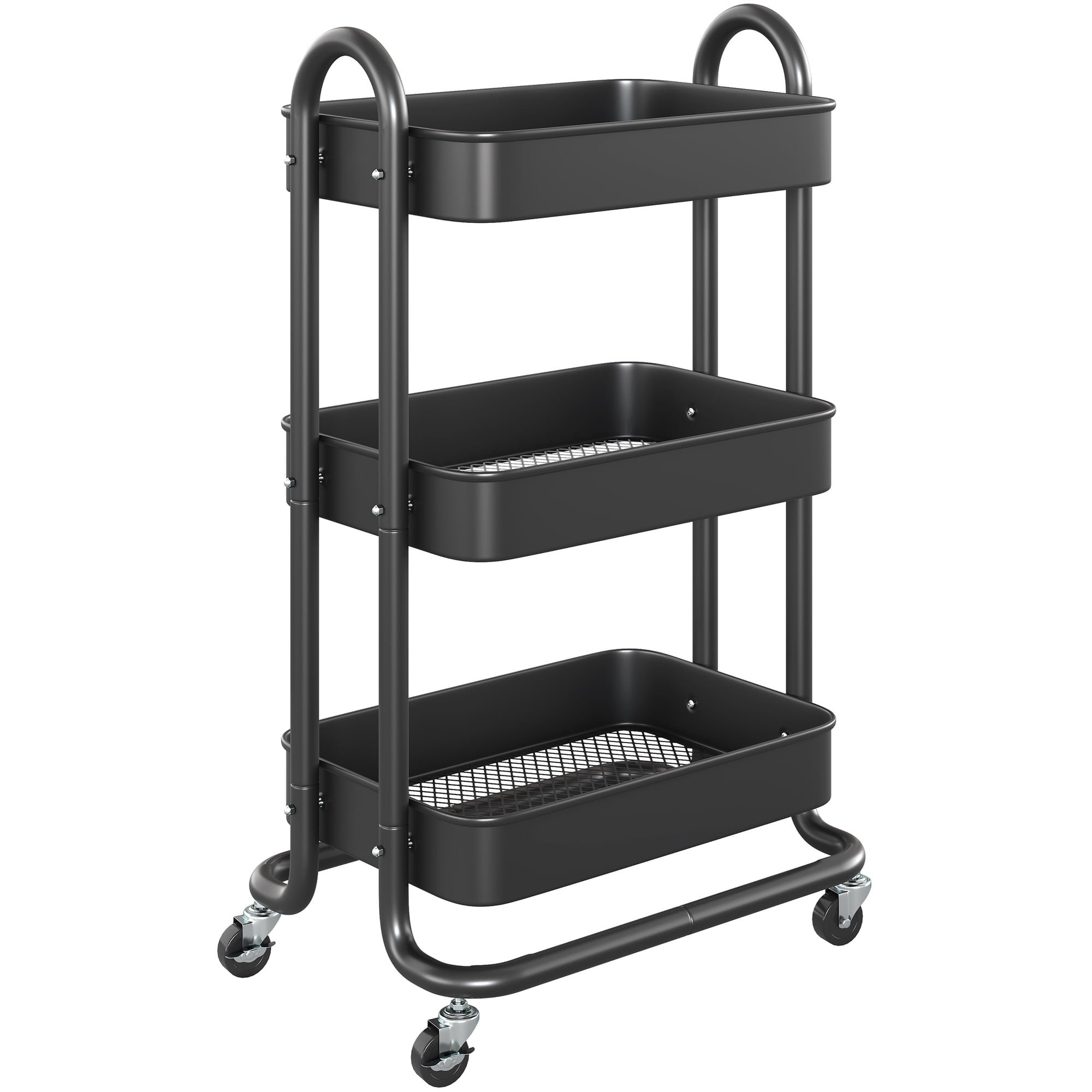 Fenbeli 3-Tier Metal Rolling Utility Cart with Wheels, black, 18L x 13.4W x 31H