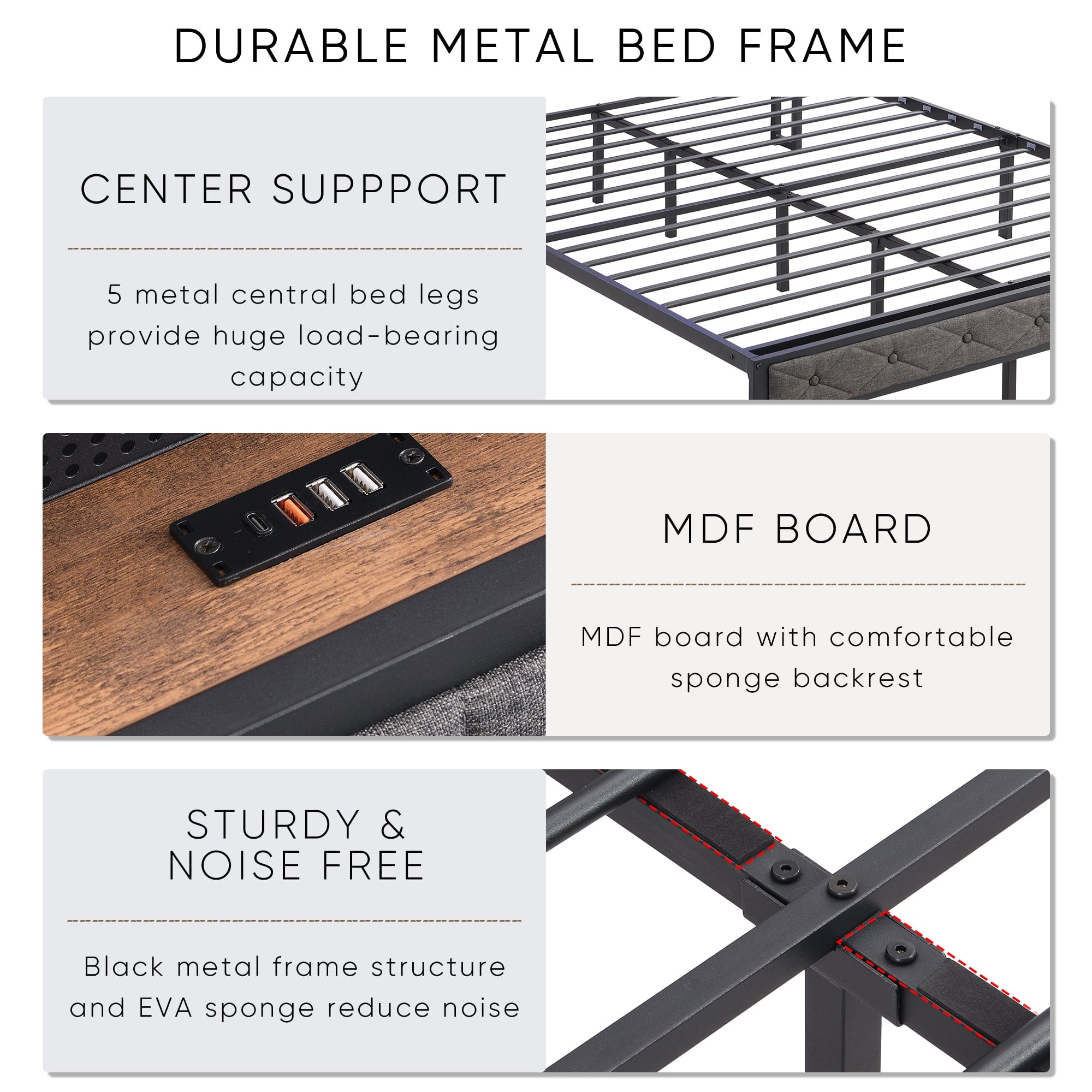 Furnibear Queen Bed Frame with RGB LED Lights, Charging Station And Storage Headboard | Reinforced Platform | Easy Assembly, Dark Gray
