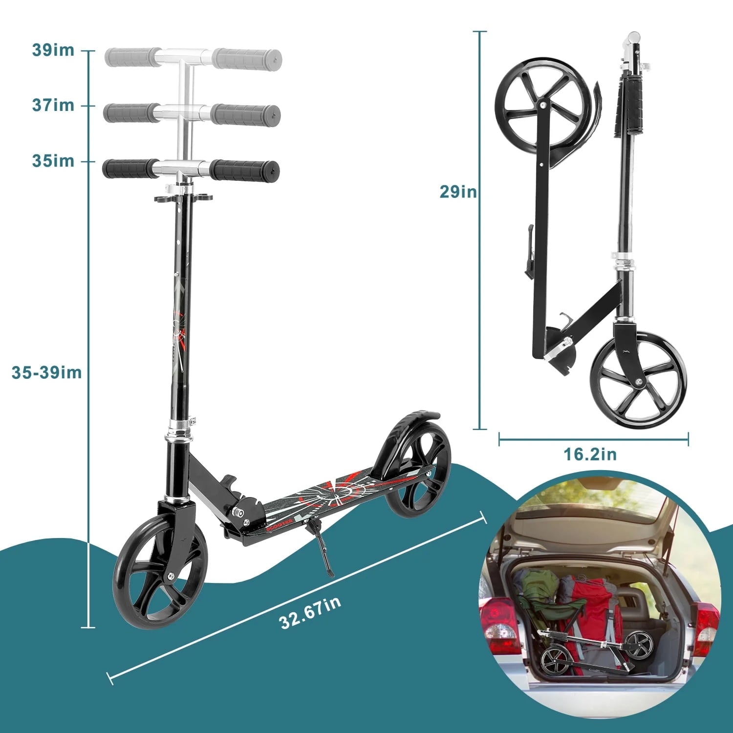 Fenbeli 200mm Black Scooter, Commuter Scooter Height Adjustable, Folding Kick Scooter for Teens & Adults